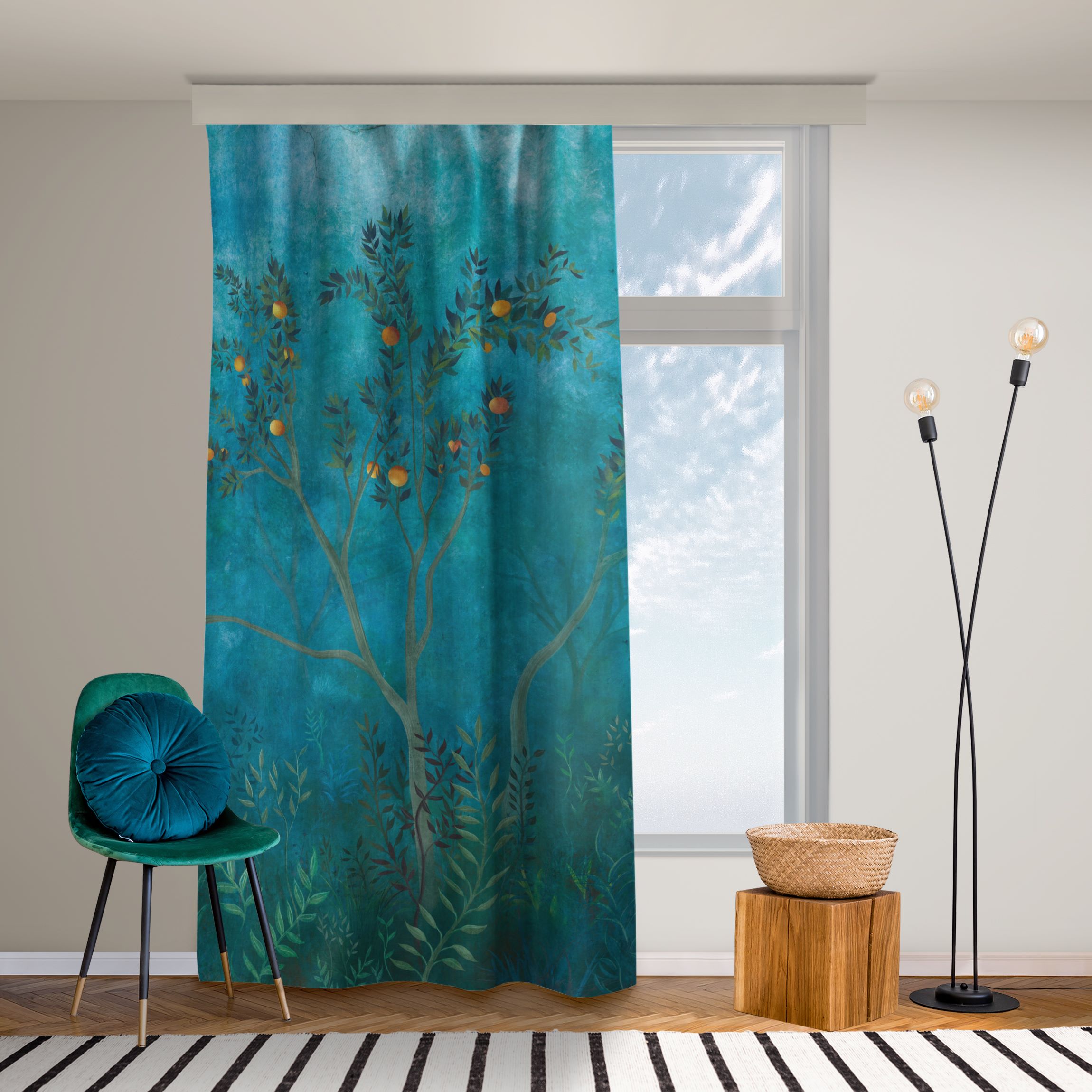 Vorhang Waldlichtung mit Orangenbaum bei Nacht