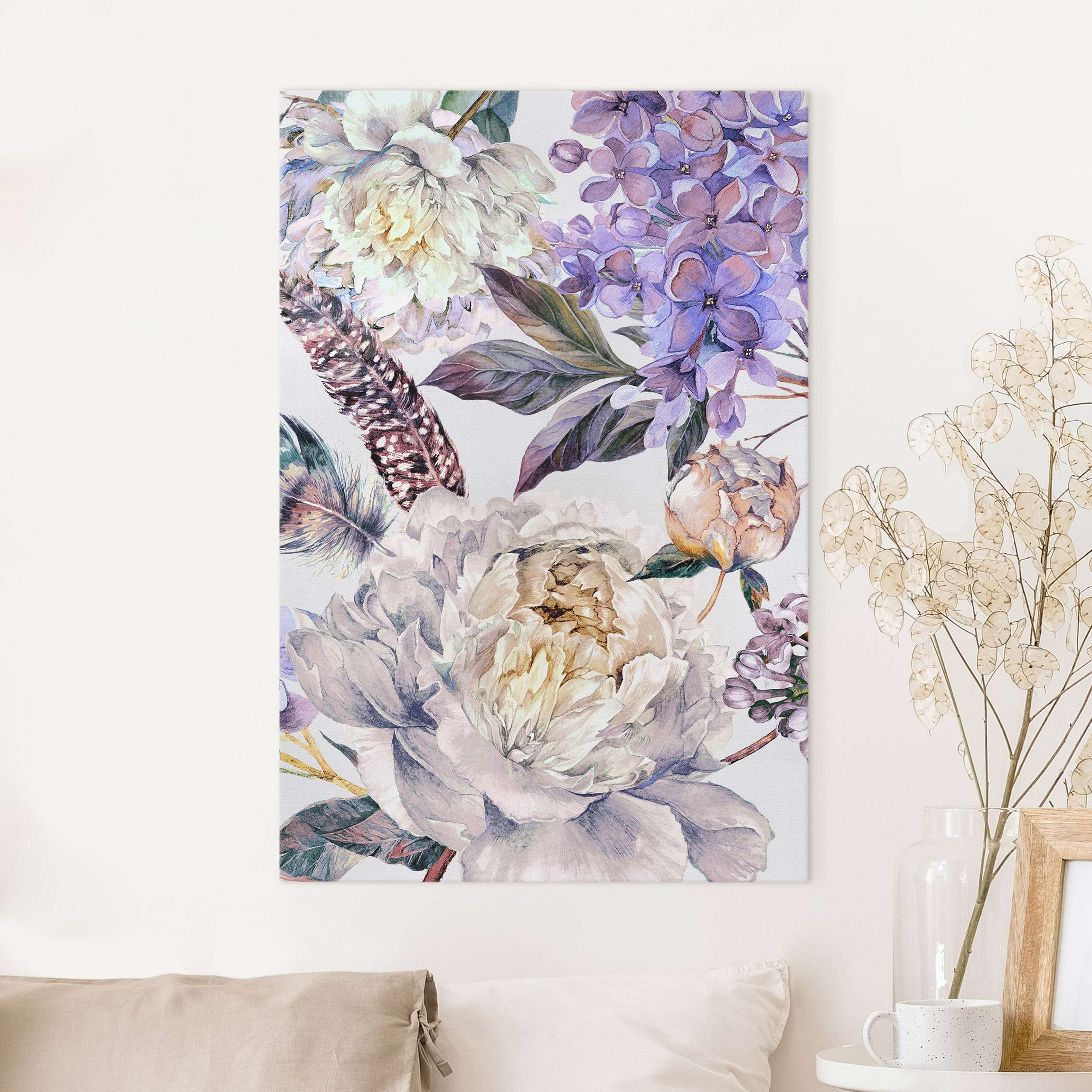 Leinwandbild Zartes Aquarell Boho Blüten und Federn Muster