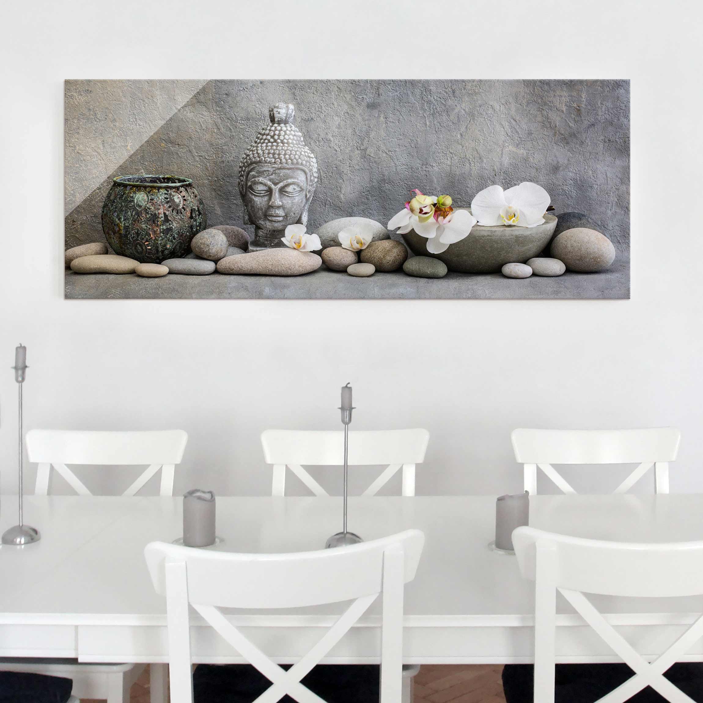 Glasbild Zen Buddha mit weißen Orchideen