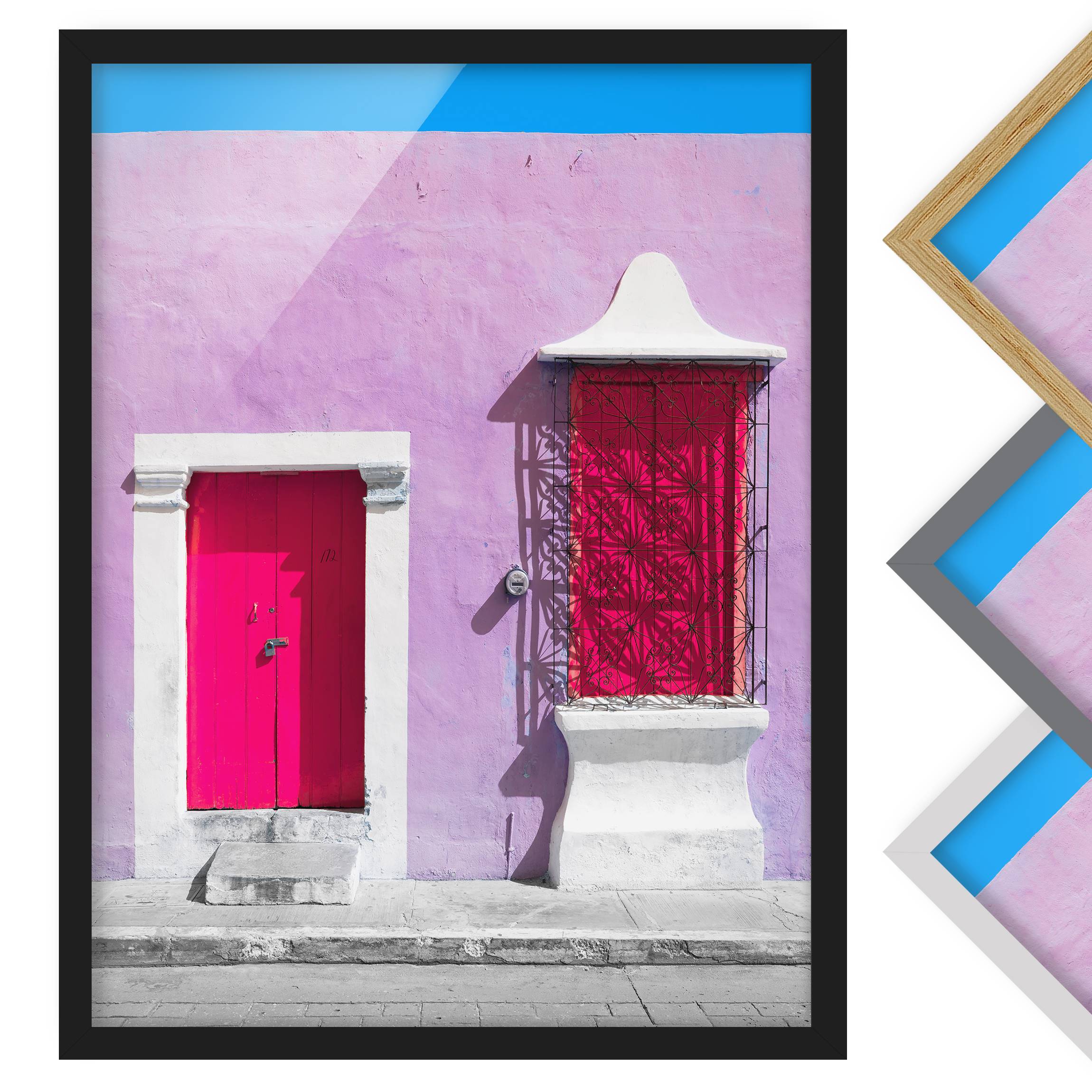 Architektur & Skyline Bild mit Rahmen Rosa Fassade Pinke Tür