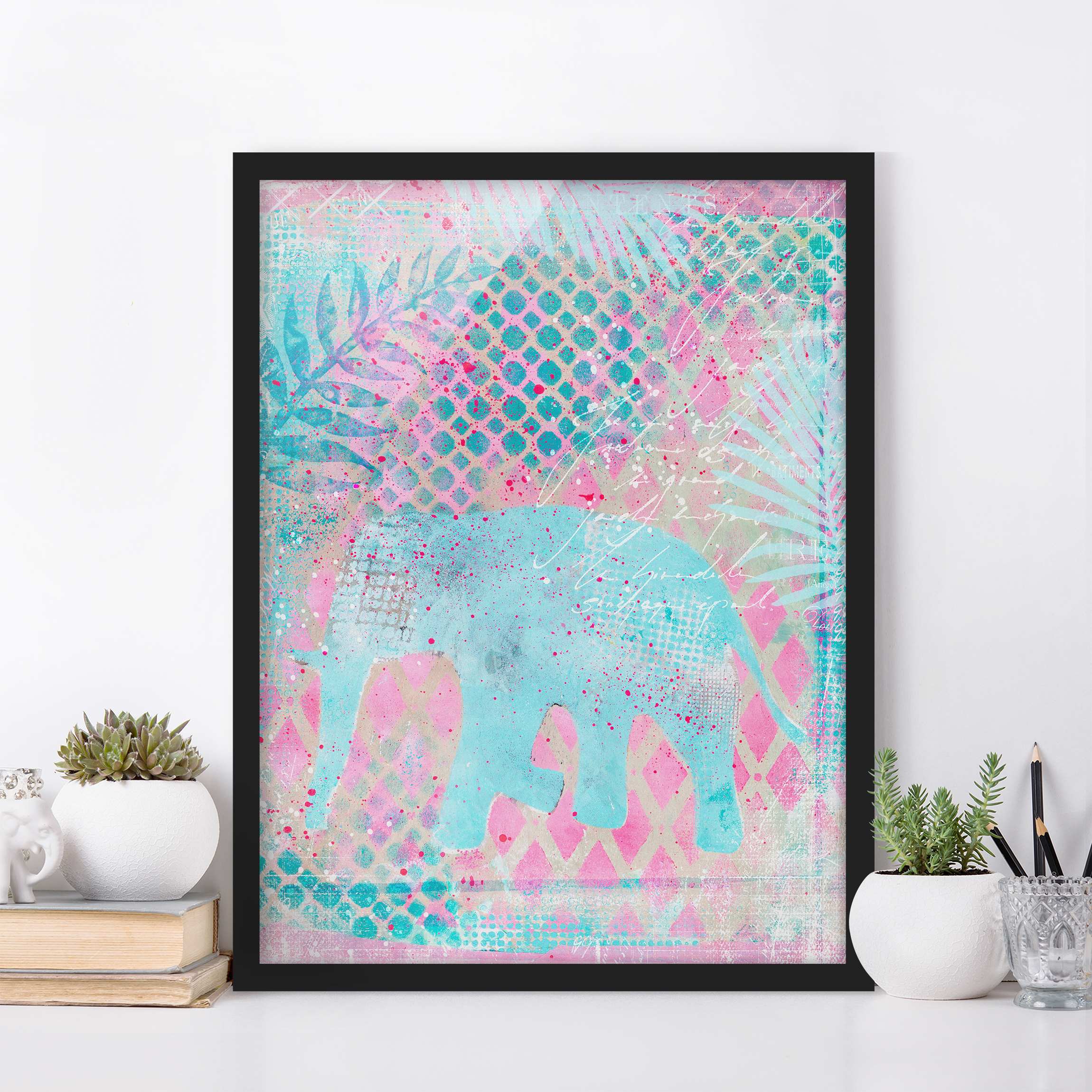 Bild mit Rahmen Bunte Collage - Elefant in Blau und Rosa