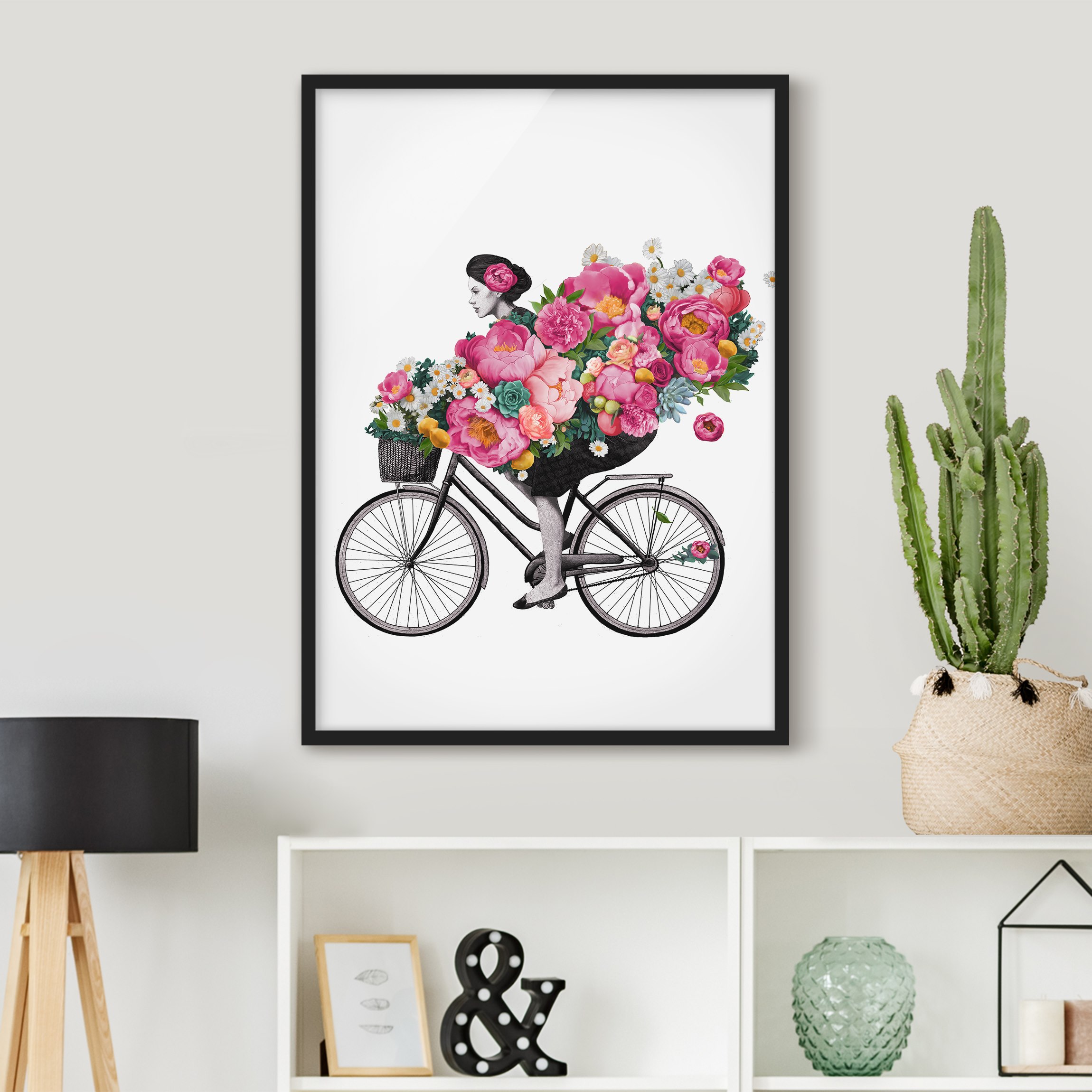 Bild mit Rahmen - Hochformat Illustration Frau auf Fahrrad Collage bunte Blumen