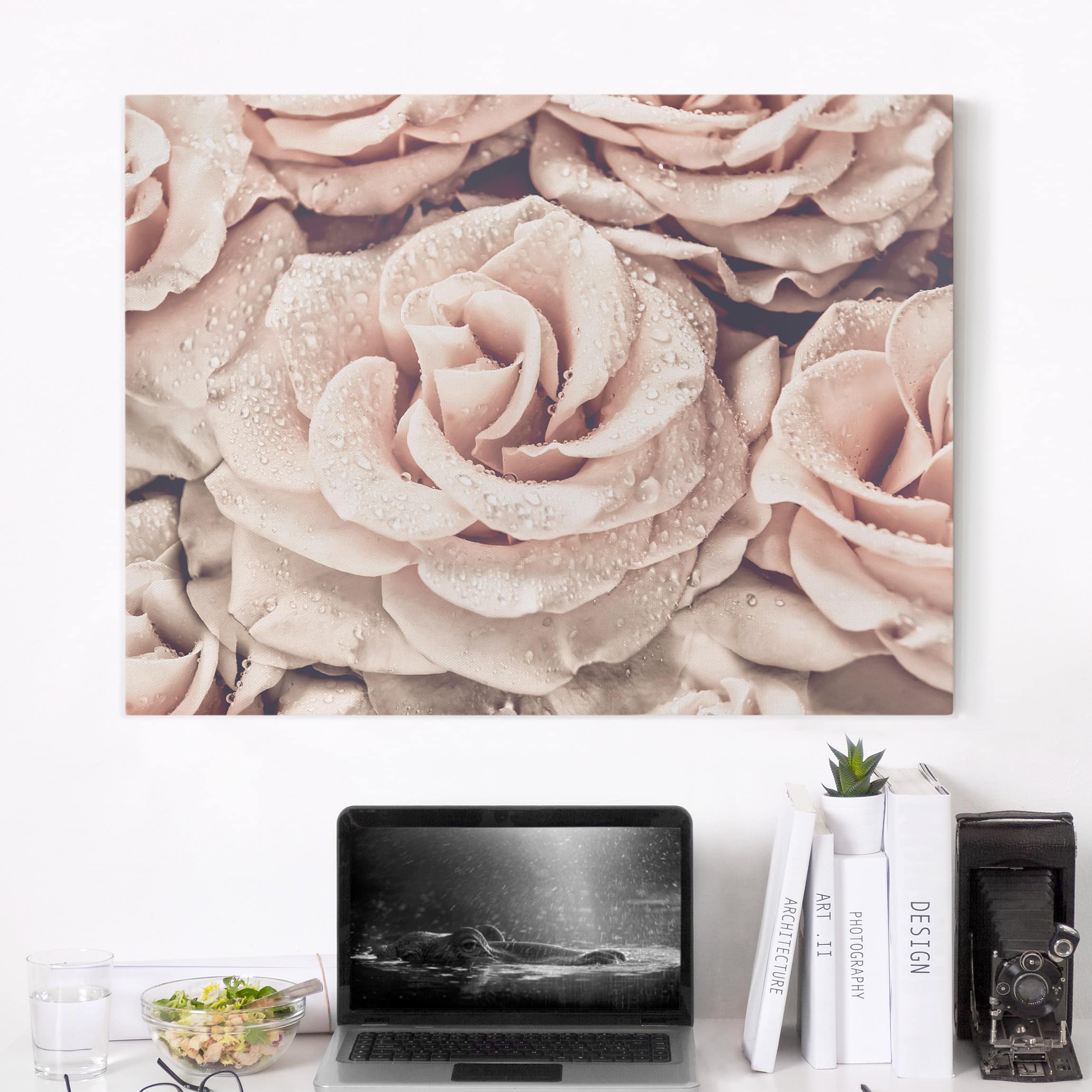 Leinwandbild Rosen Sepia mit Wassertropfen