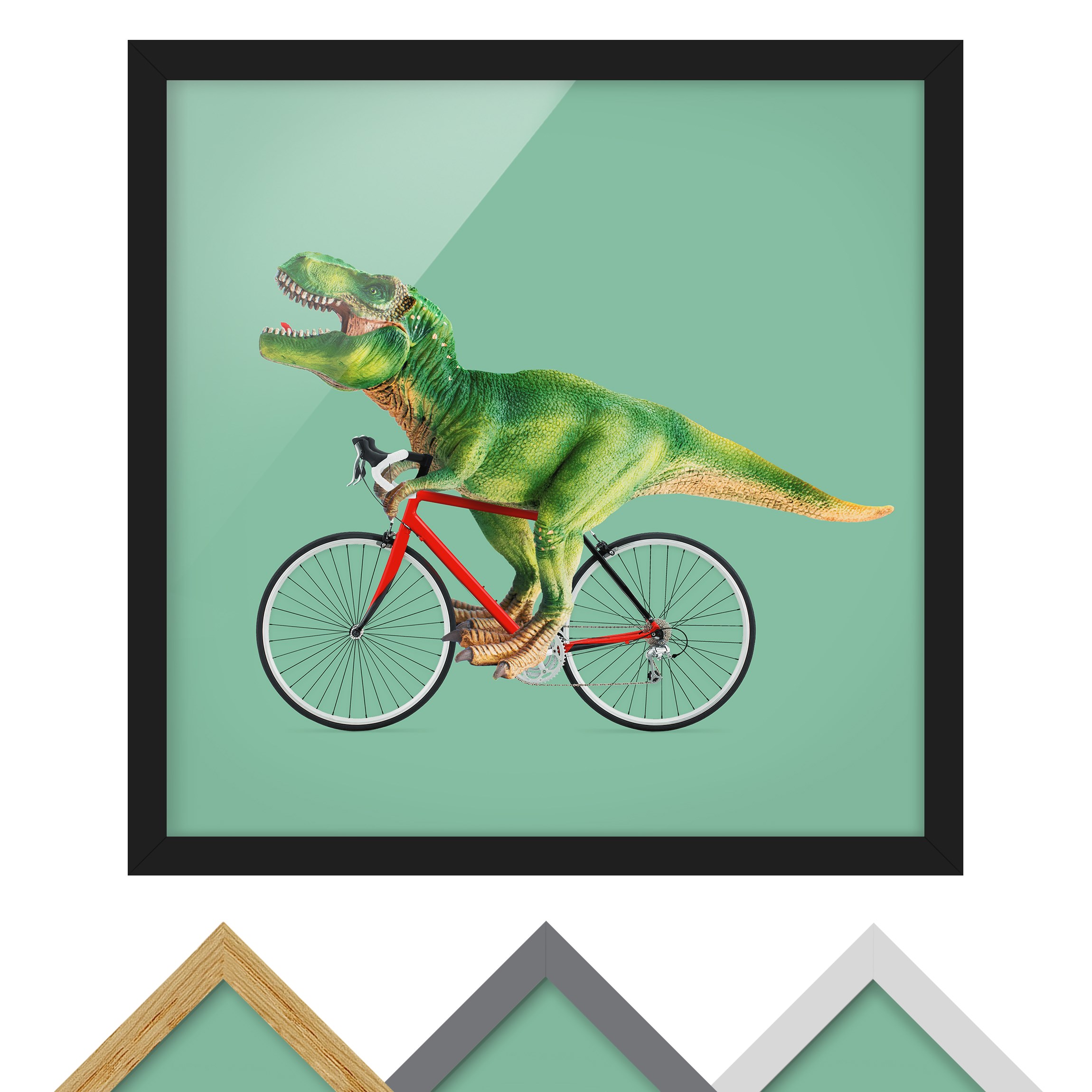 Bild mit Rahmen - Quadrat Dinosaurier mit Fahrrad