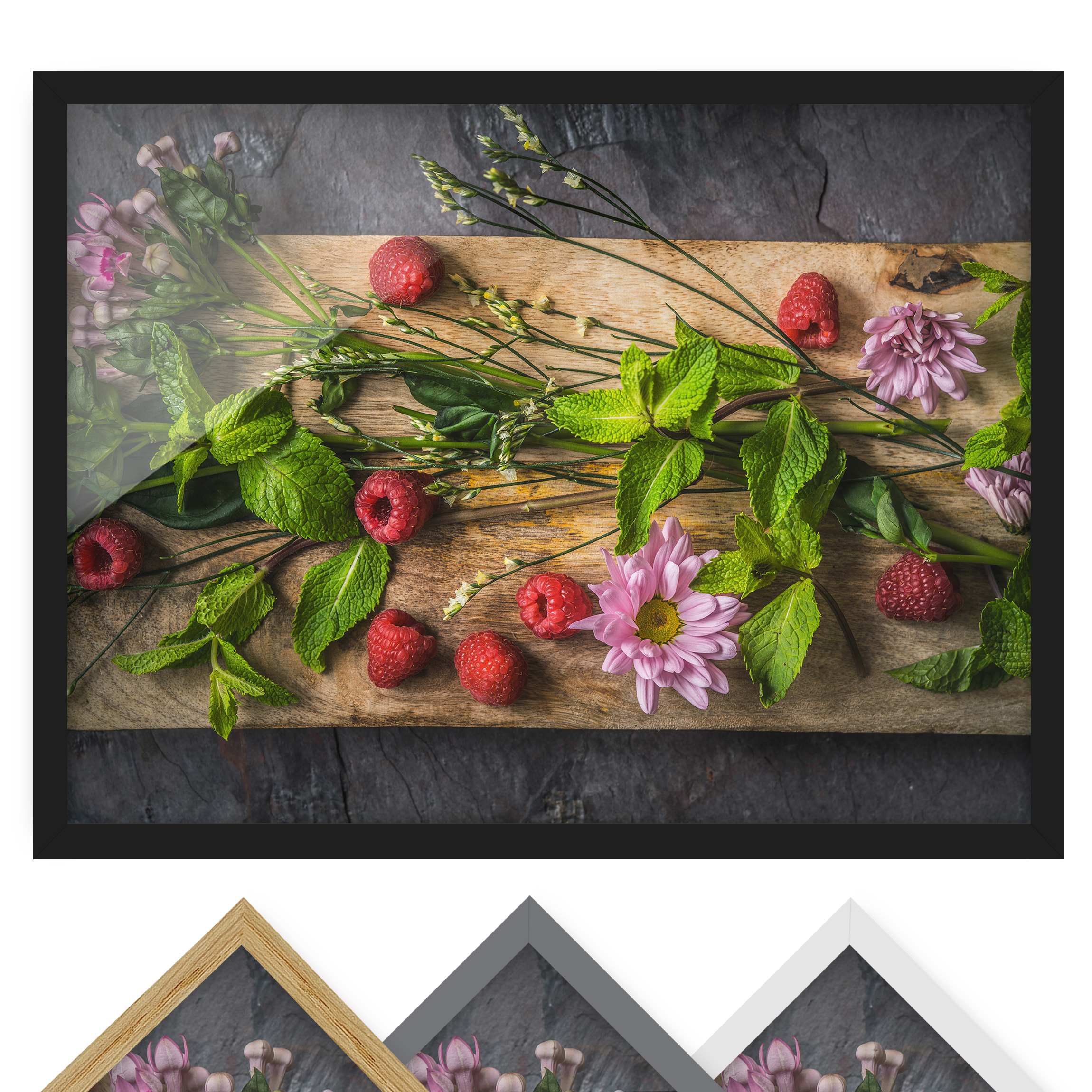 Blumen Bild mit Rahmen Blumen Himbeeren Minze