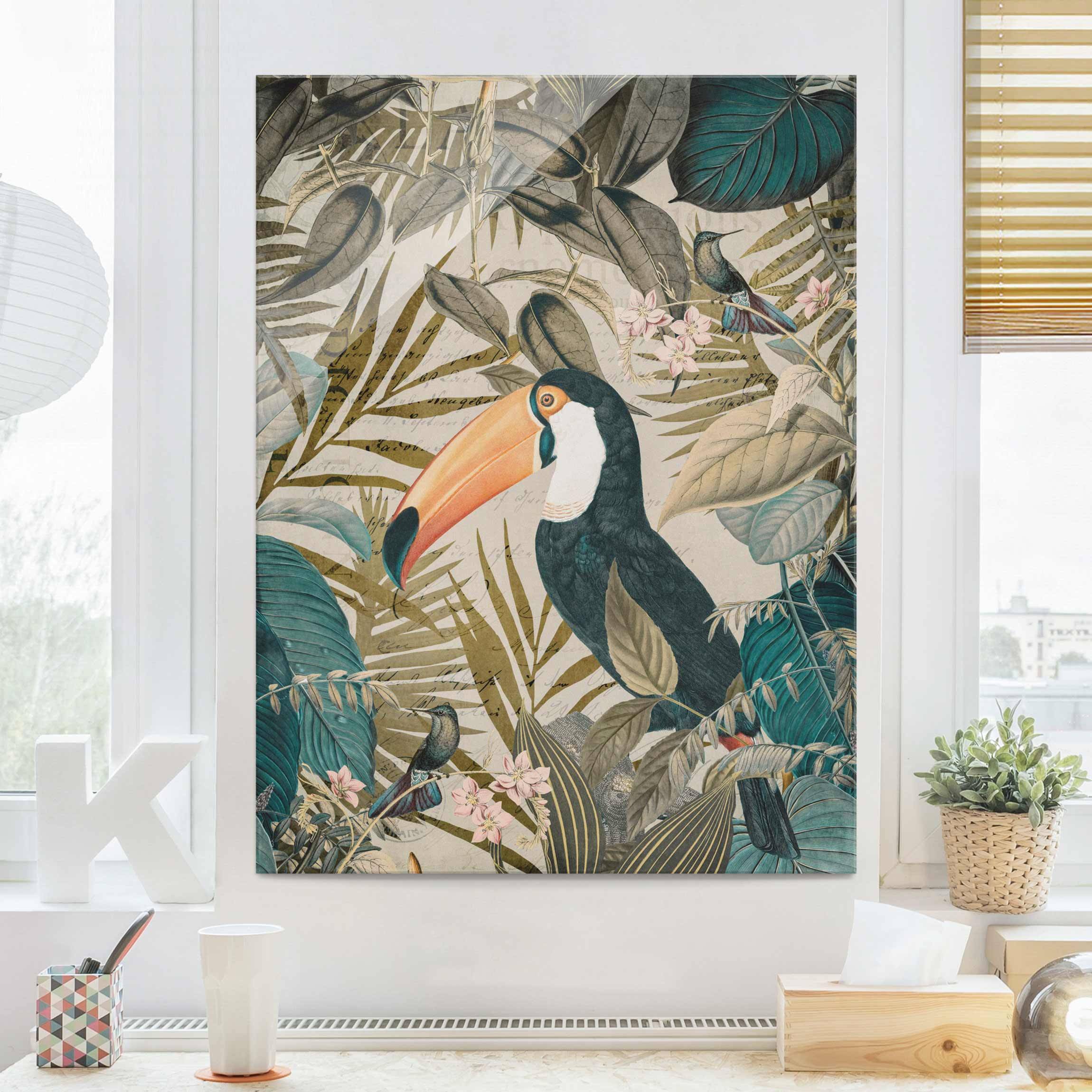 Glasbild Vintage Collage - Tukan im Dschungel