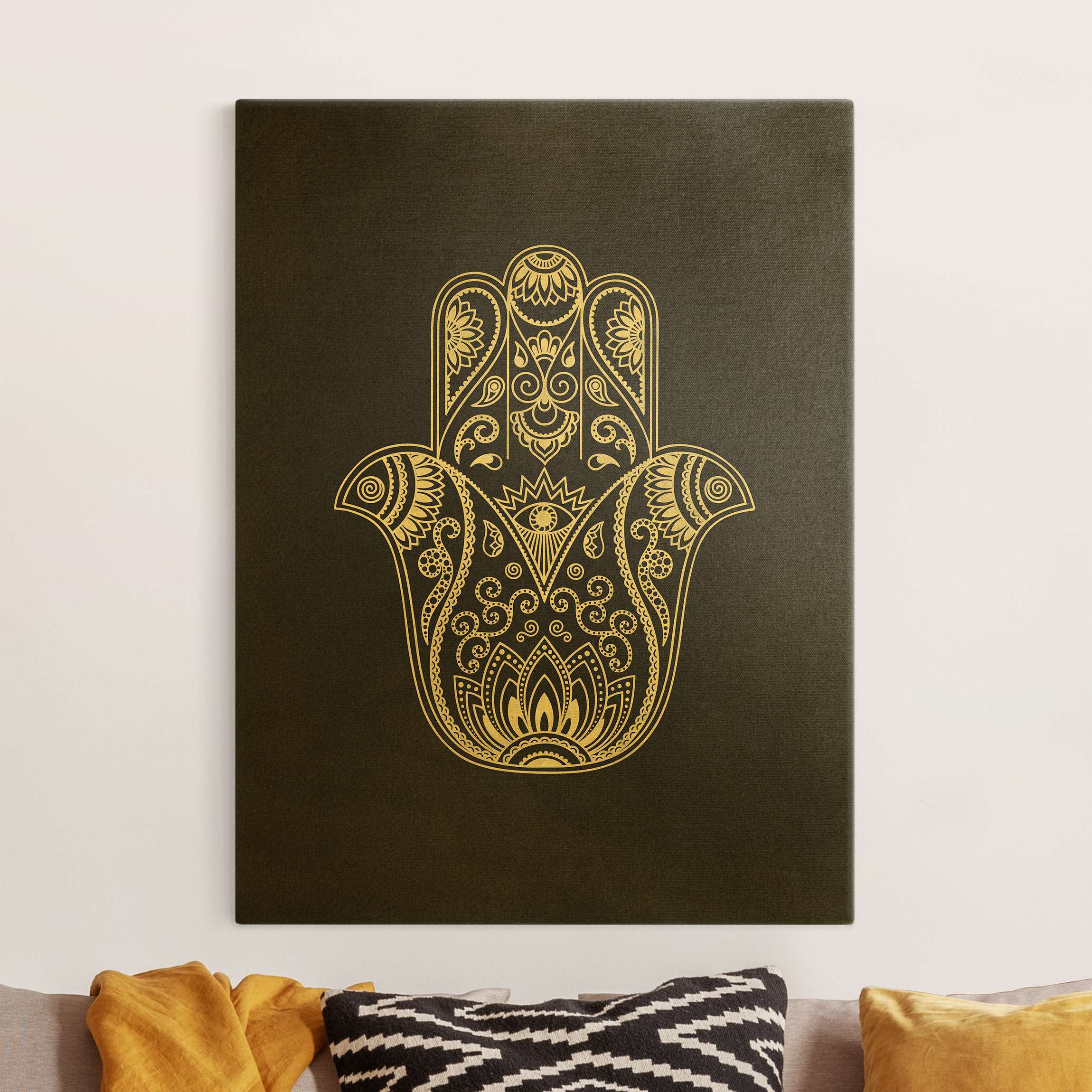 Leinwandbild Gold Mandala Hamsa Hand Lotus Set auf Schwarz