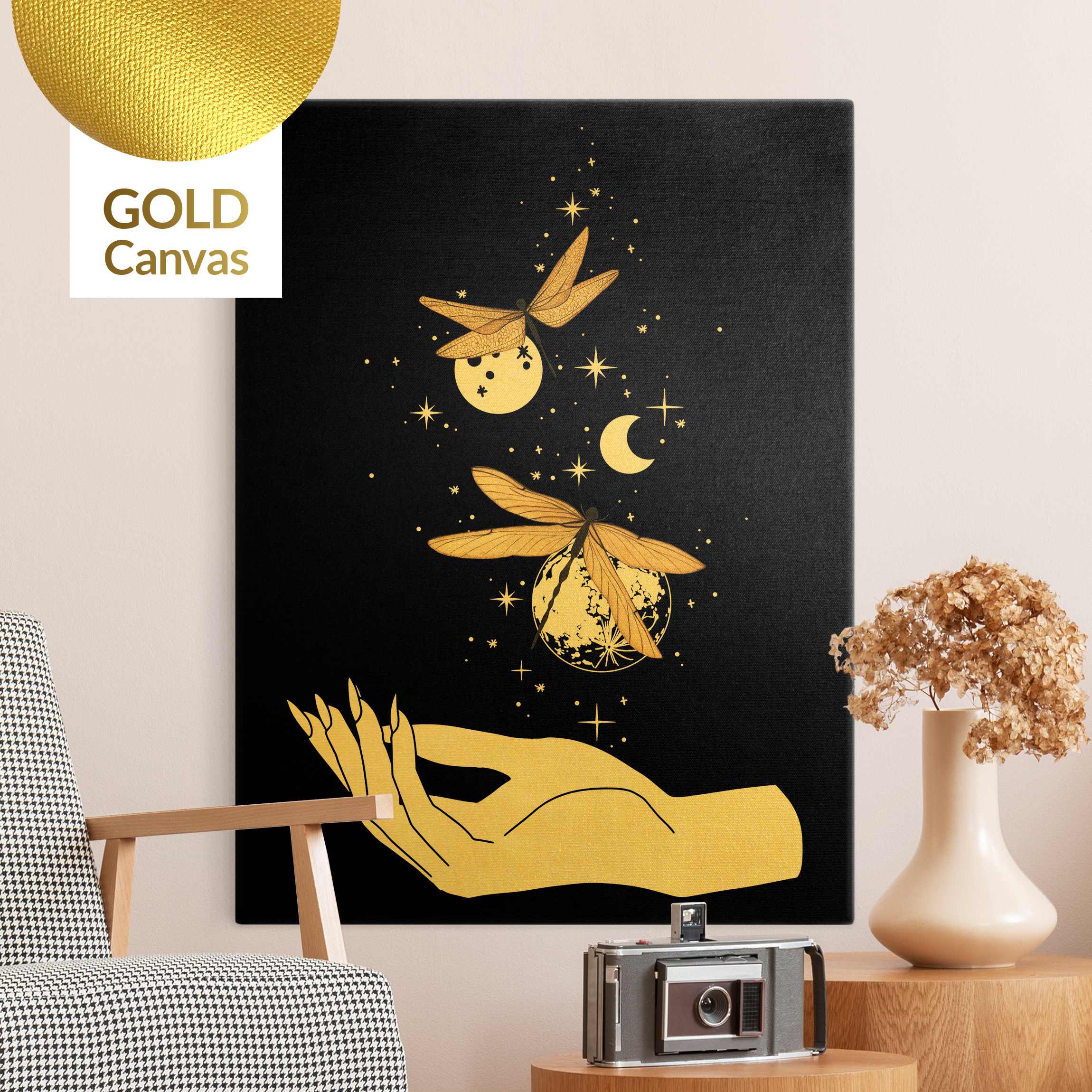 Leinwandbild Gold Zaubernde Hand - Libellen und Planeten