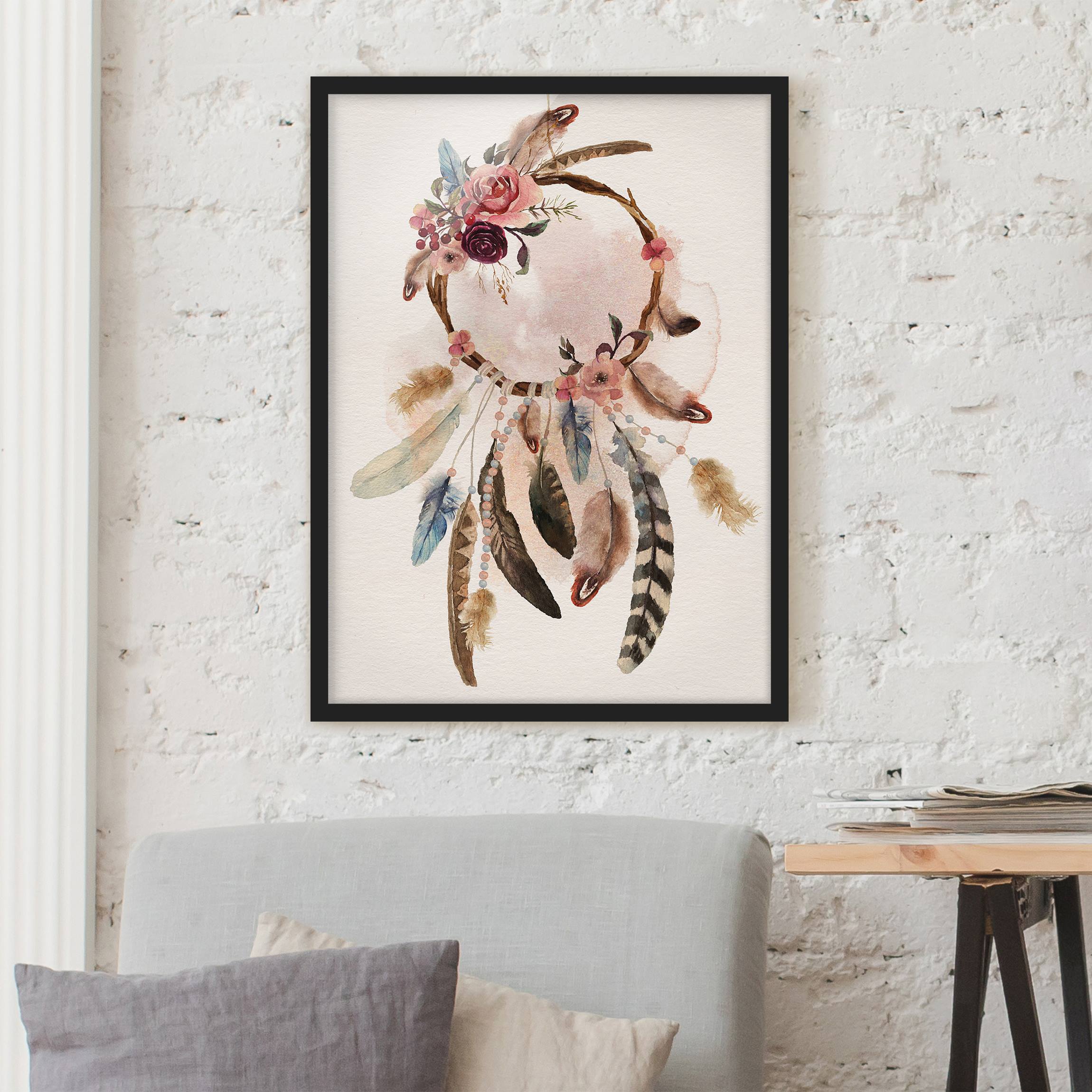 Bild mit Rahmen - Hochformat Traumfänger mit Rosen und Federn