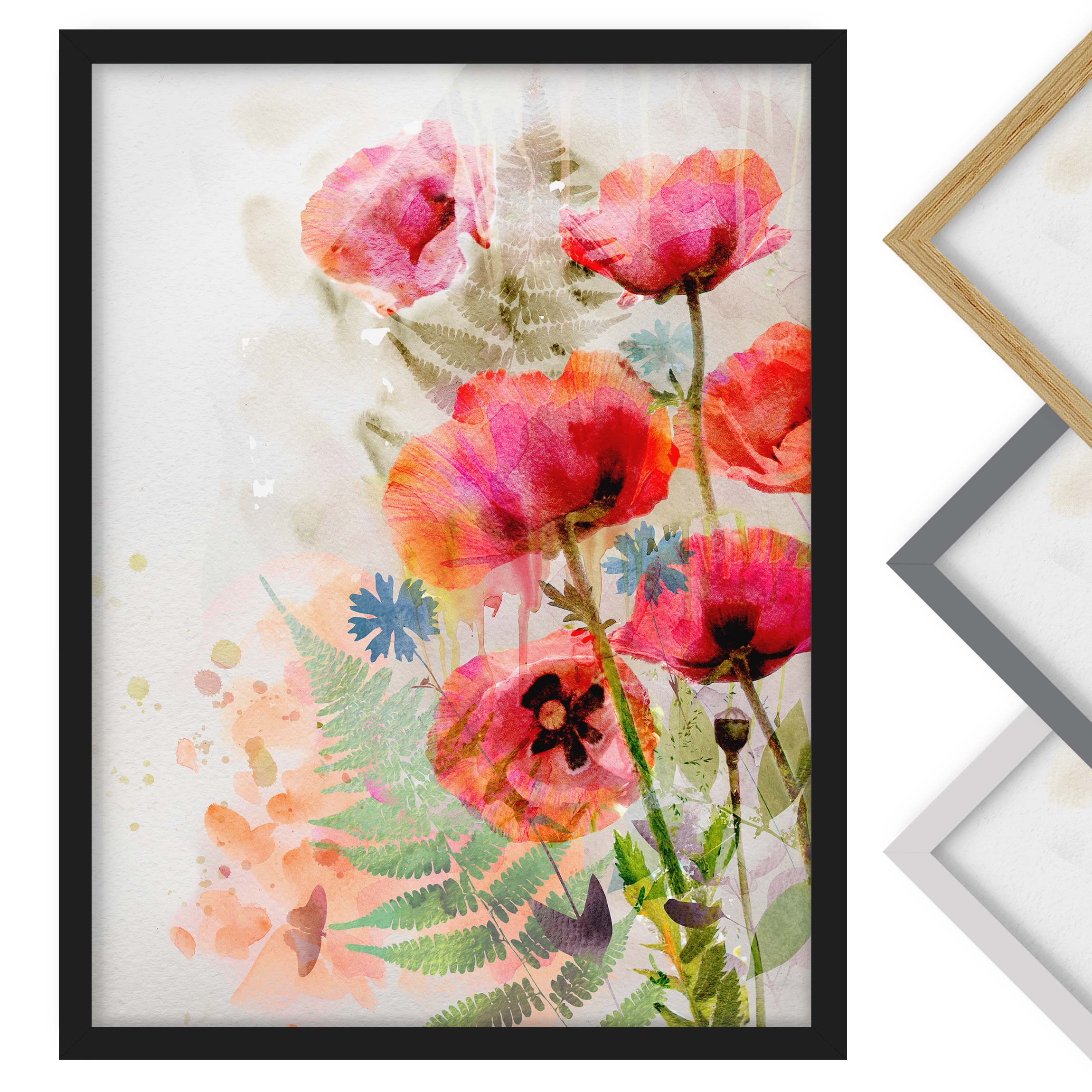 Blumen Bild mit Rahmen Aquarell Blumen Mohn