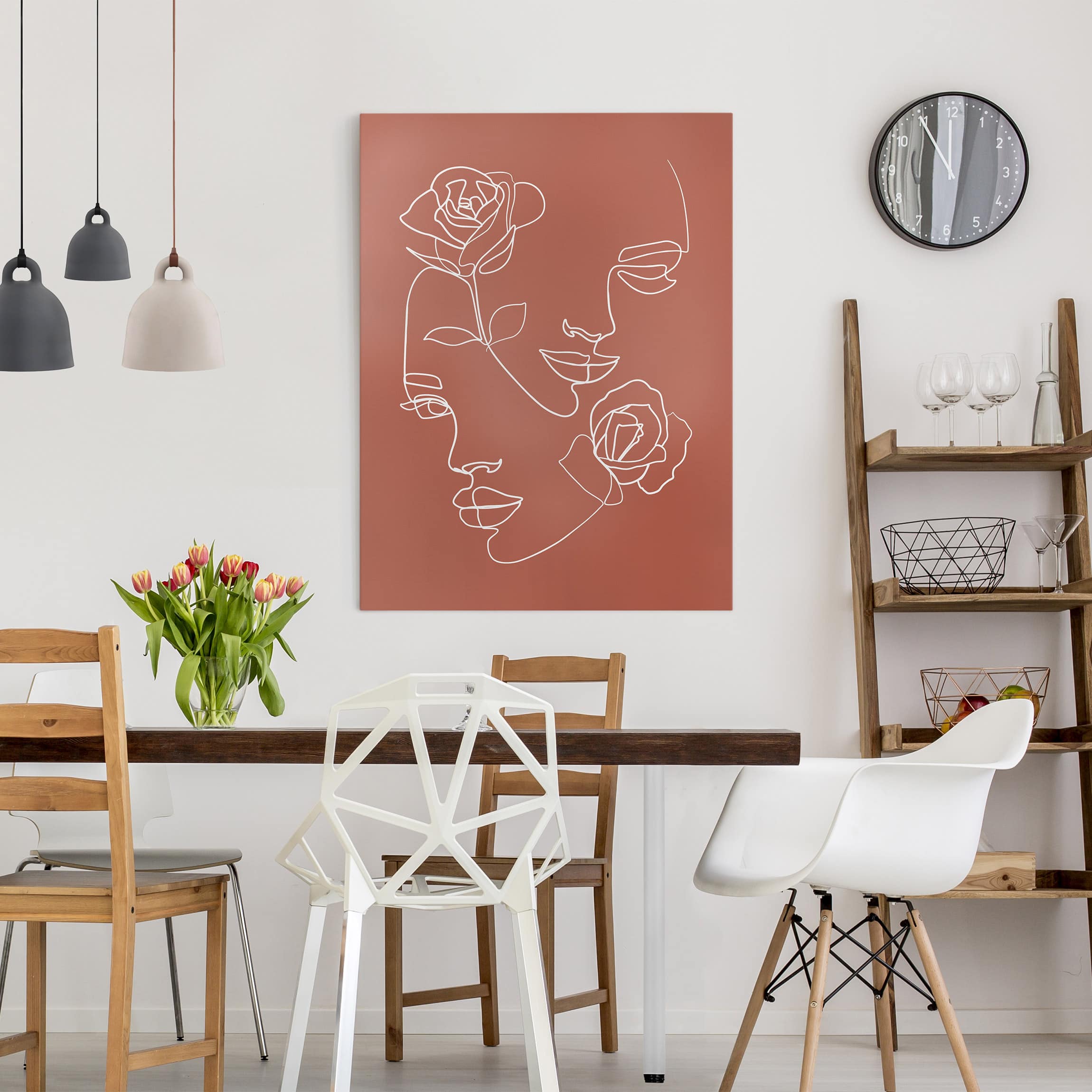 Leinwandbild - Hochformat Line Art Gesichter Frauen Rosen Kupfer