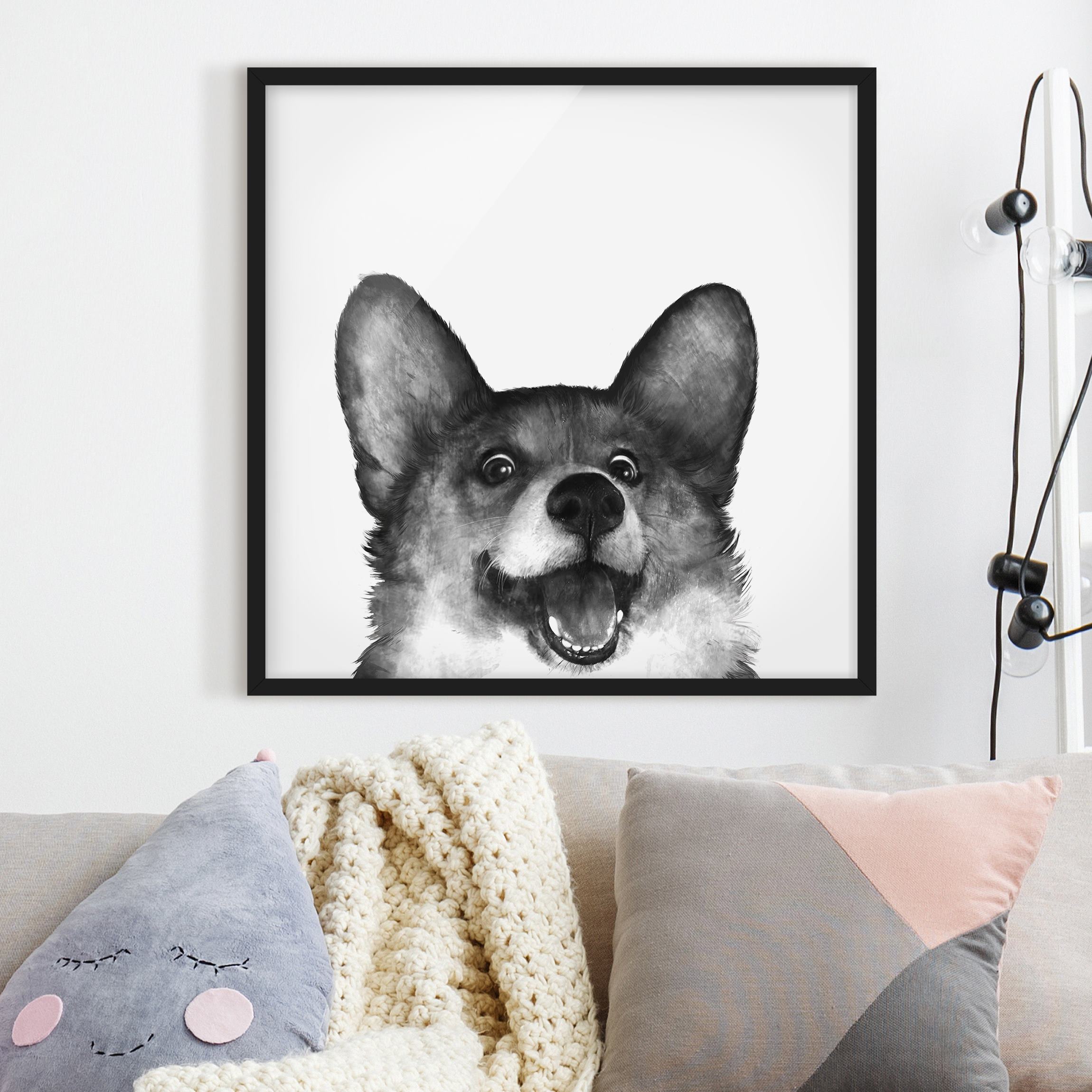 Bild mit Rahmen - Quadrat Illustration Hund Corgi Weiß Schwarz Malerei