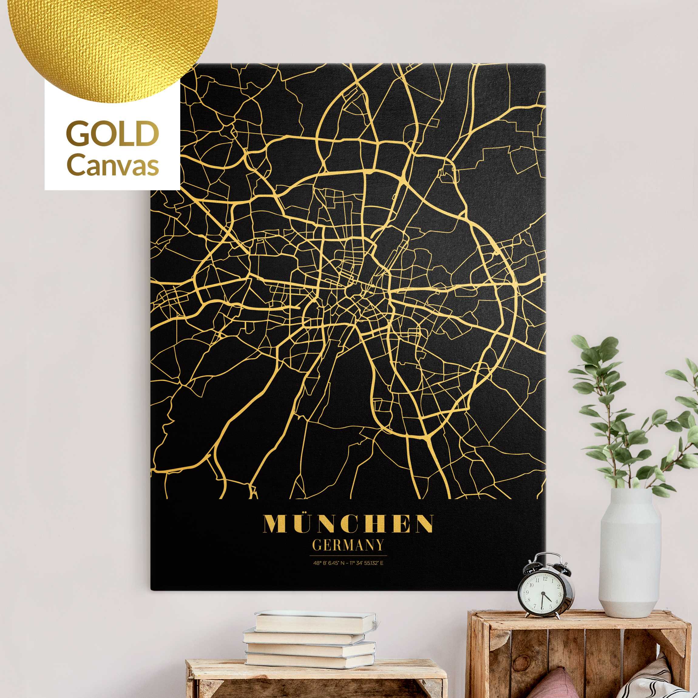 Leinwandbild Gold Stadtplan München - Klassik Schwarz