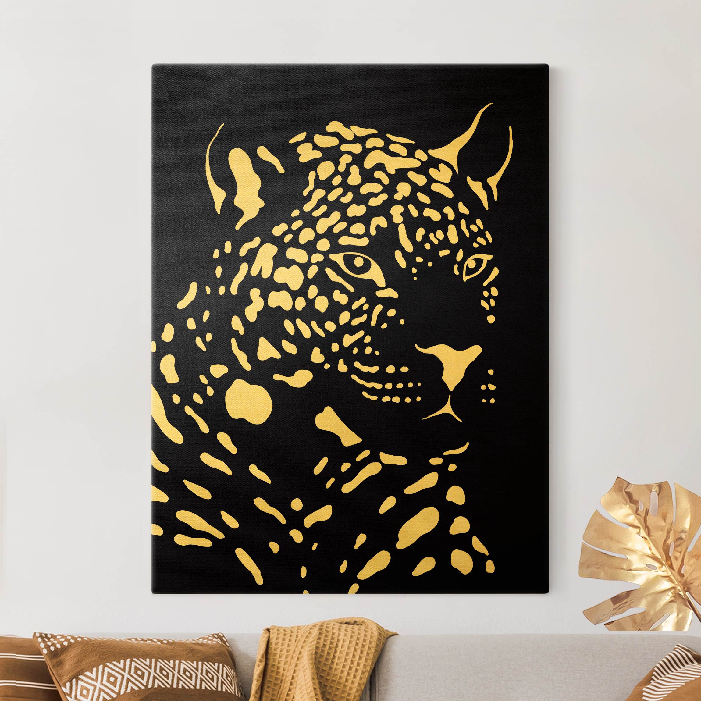 Leinwandbild Gold Safari Tiere - Portrait Leopard Schwarz