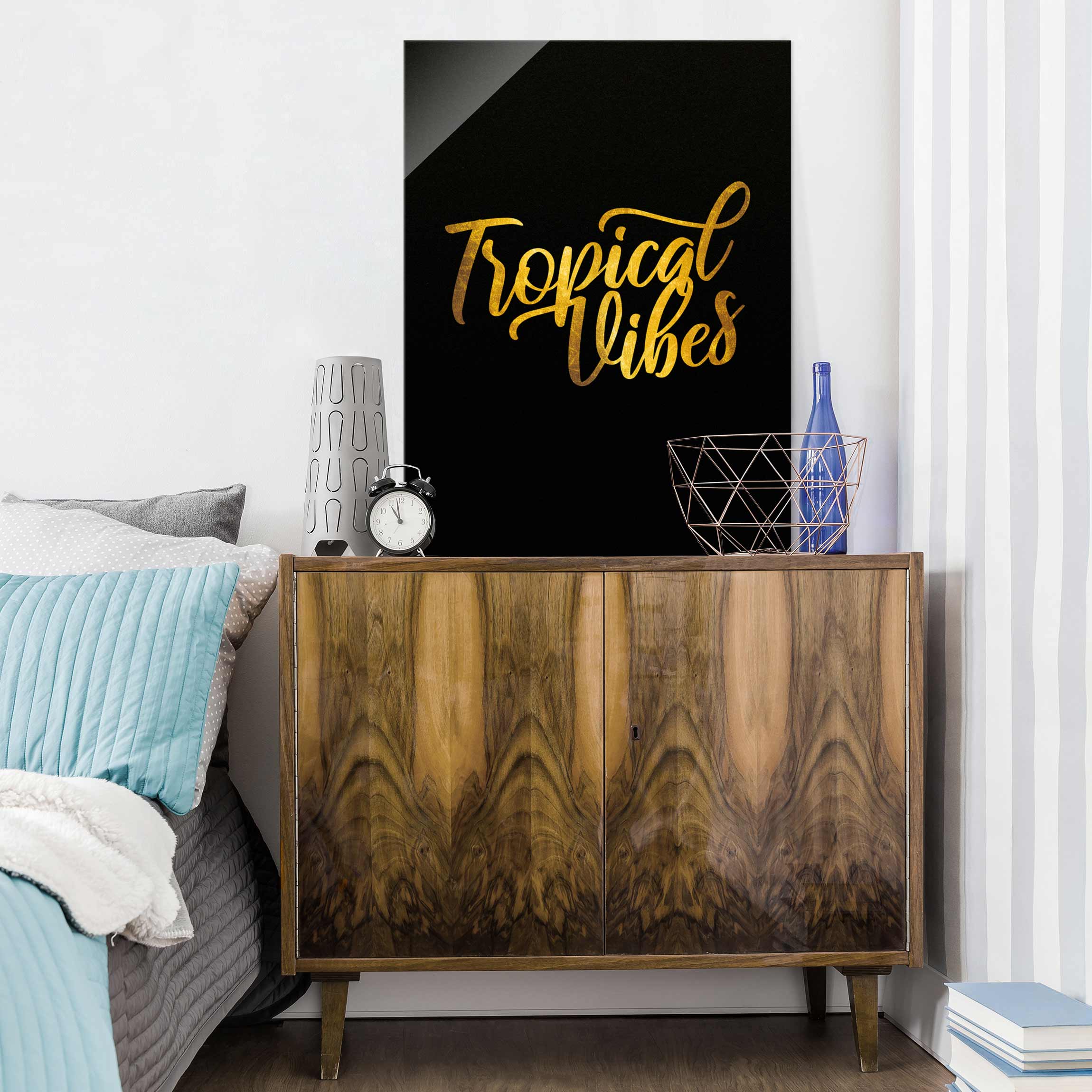 Glasbild Gold - Tropical Vibes auf Schwarz