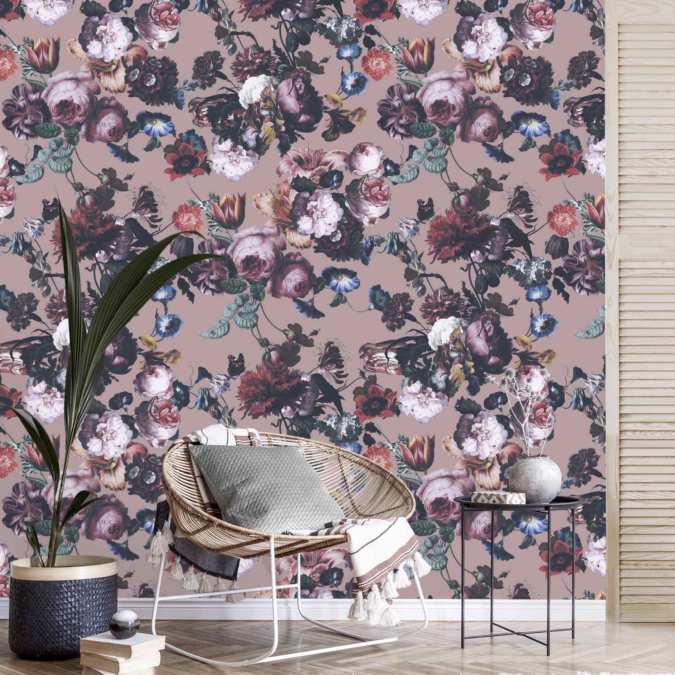 Fototapete Altmeisterliche Blüten mit Tulpen und Rosen auf Beige