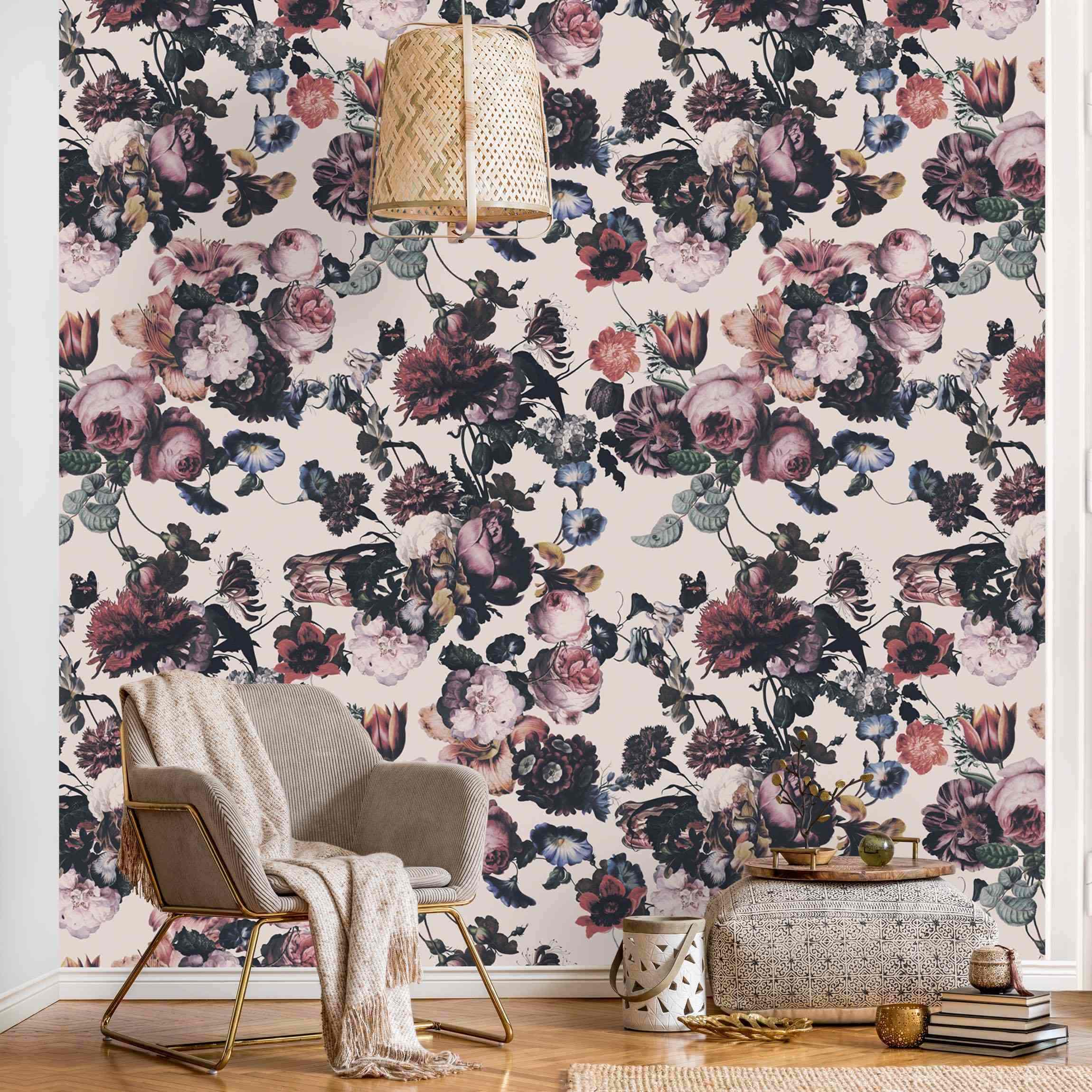 Fototapete Altmeisterliche Blüten mit Tulpen und Rosen auf Weiß