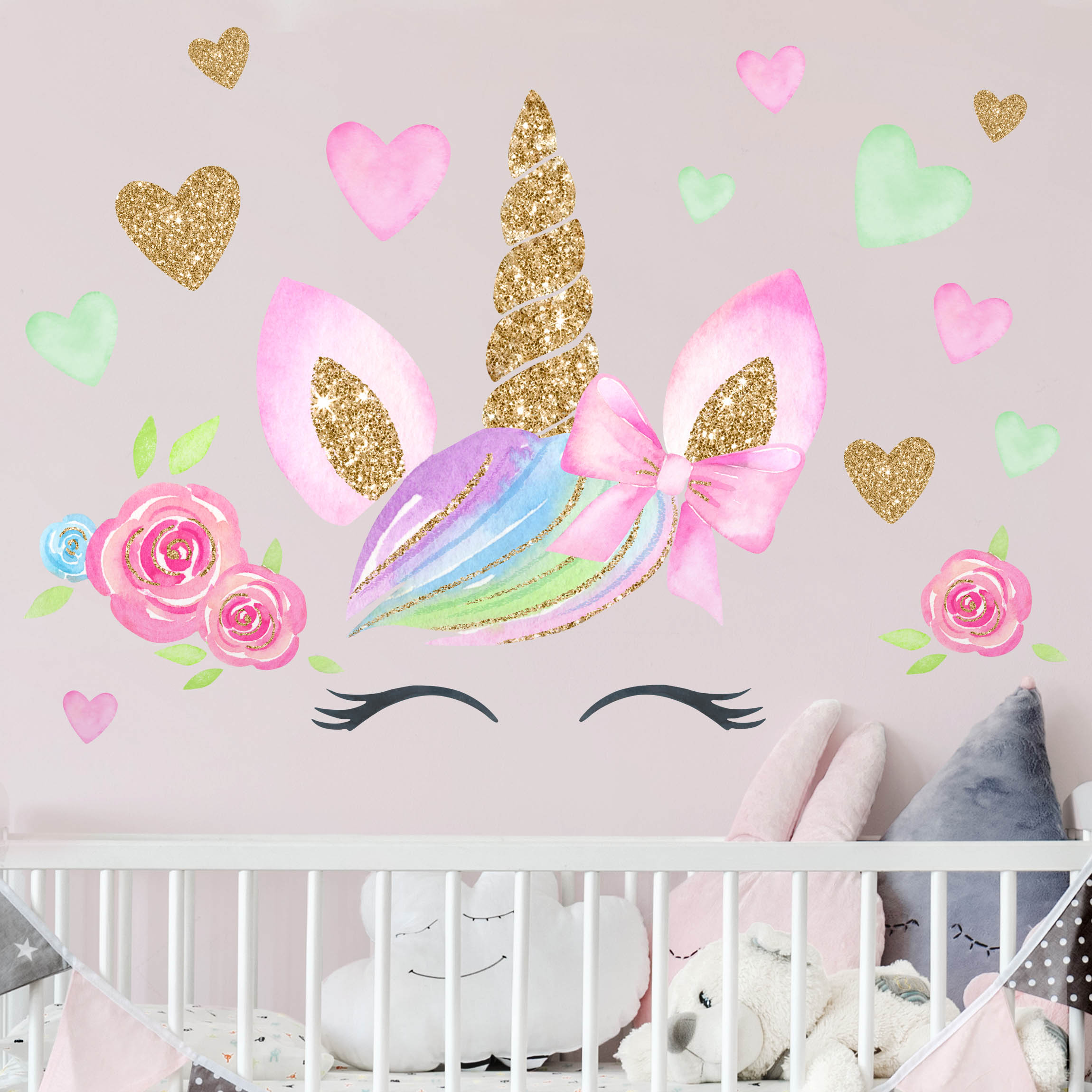 Wandtattoo 17-teilig Aquarell Einhorn Gold Glitzer Blumen