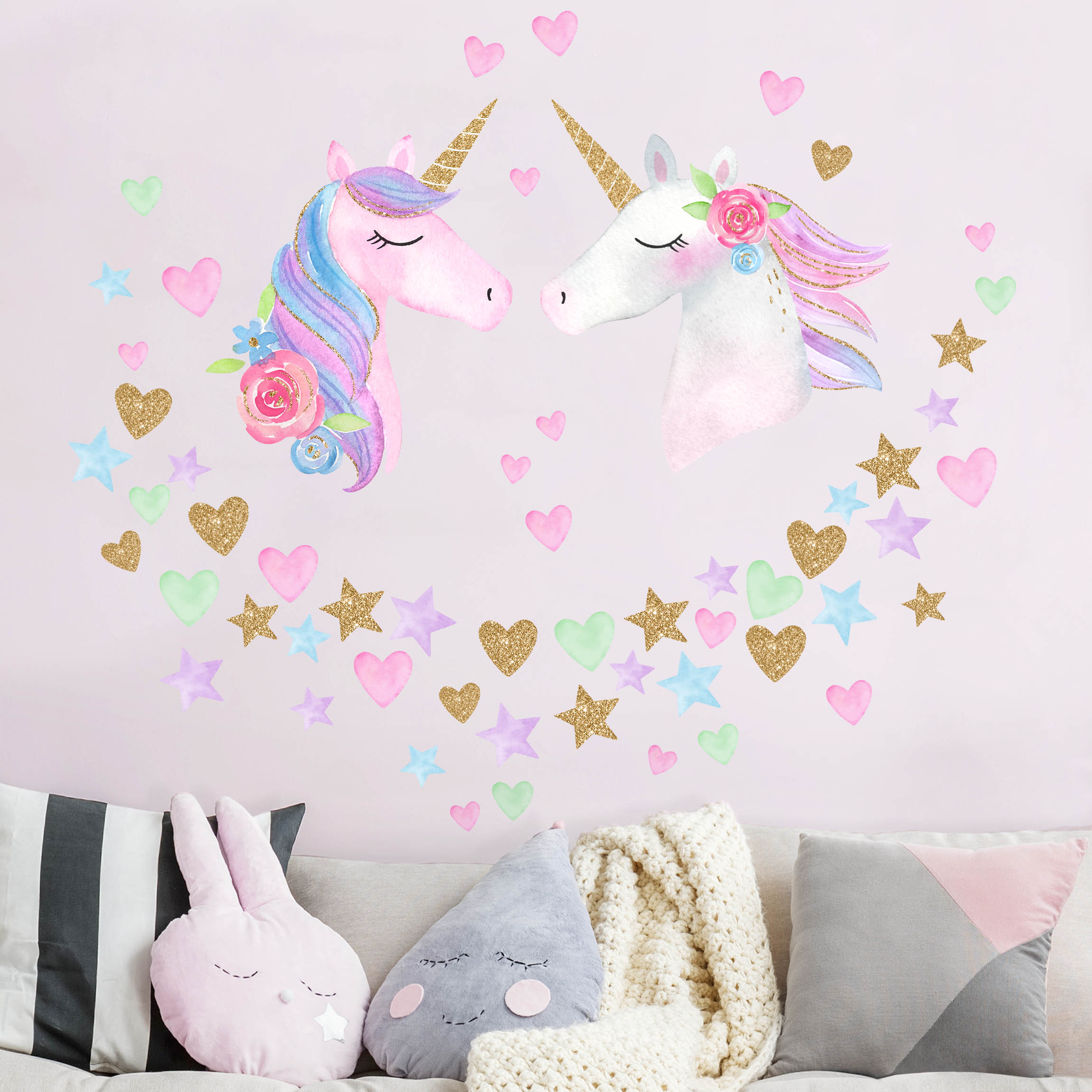 Wandtattoo 64-teilig Aquarell Einhorn Gold Glitzer Set XL