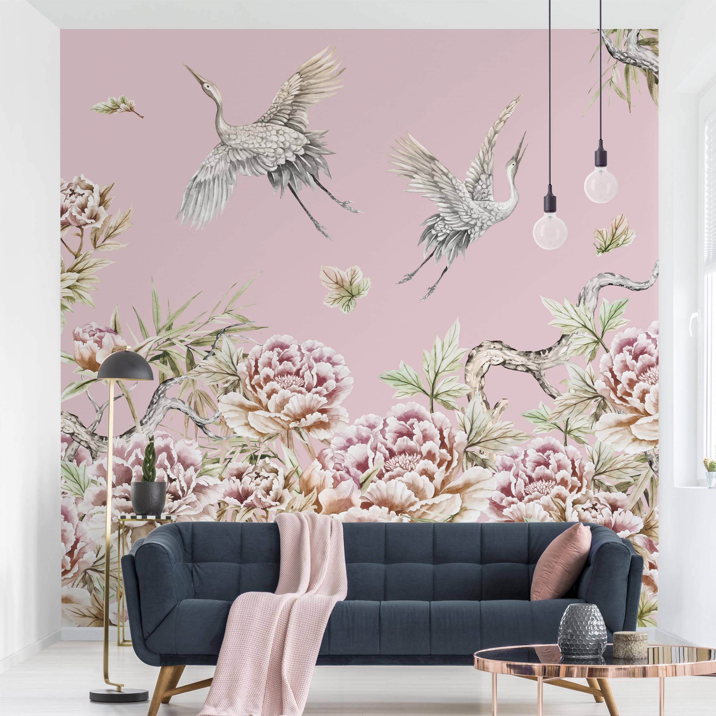 Fototapete Aquarell Störche im Flug mit Rosen auf Rosa