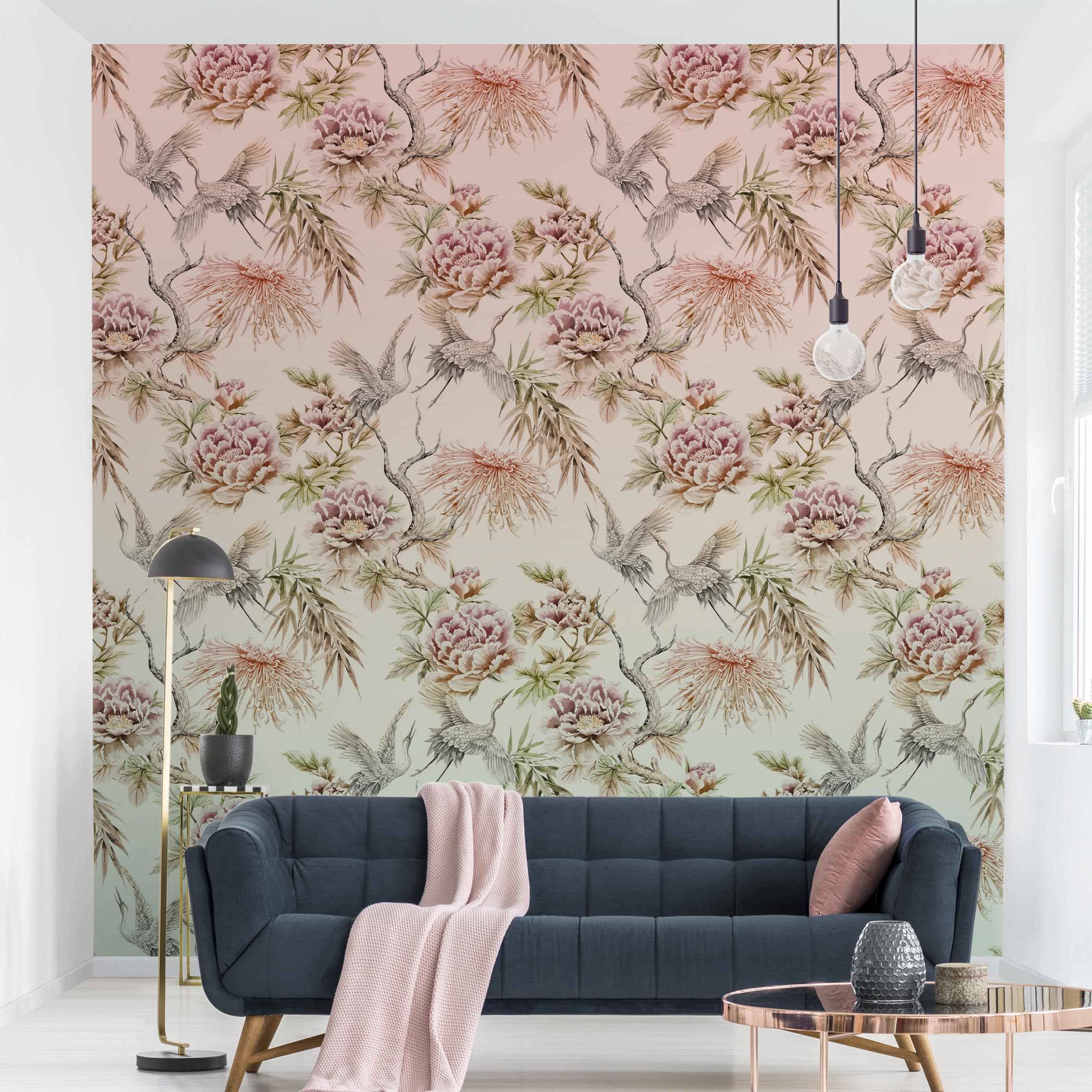 Mustertapete Aquarell Vögel mit großen Blüten in Ombre