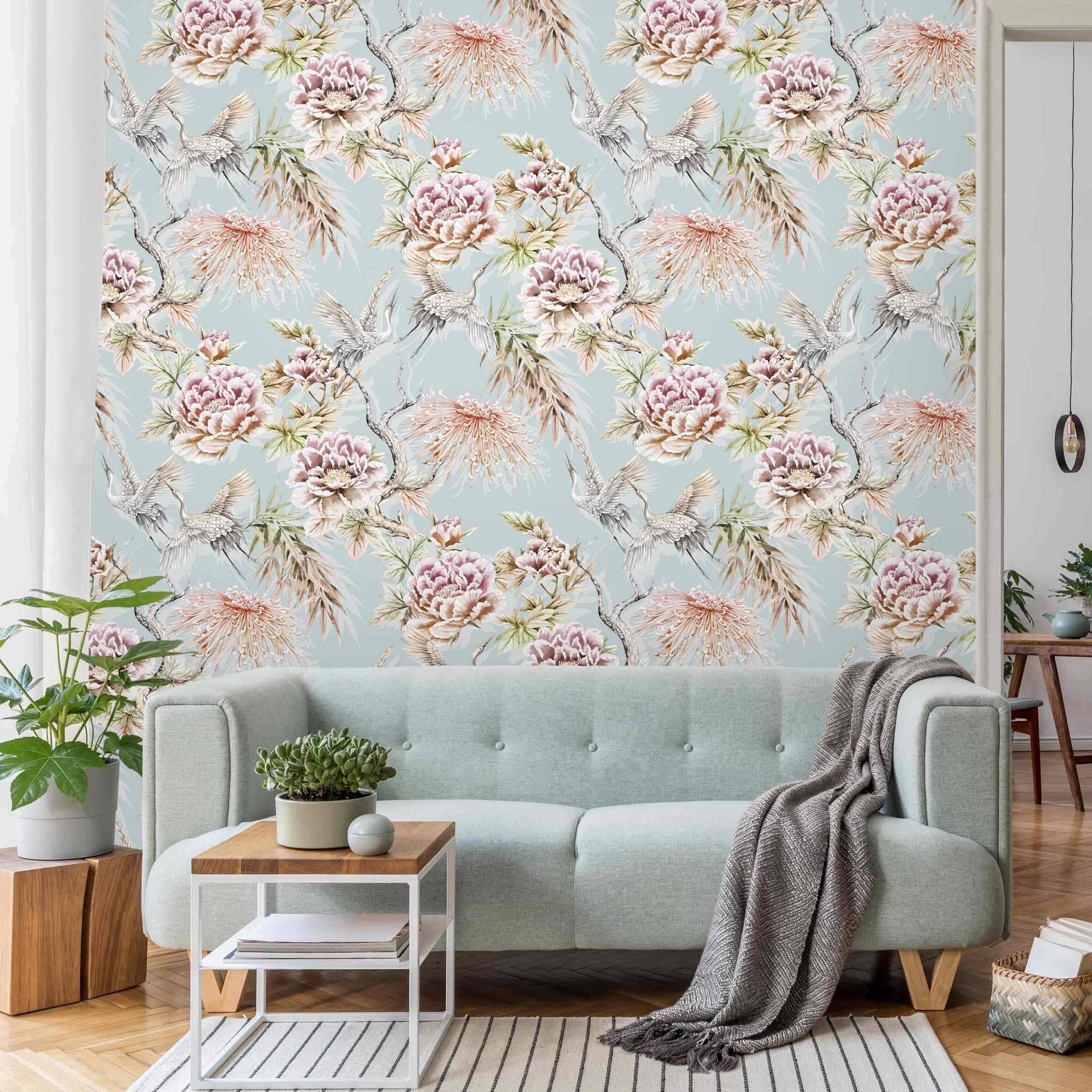 Fototapete Aquarell Vögel mit großen Blüten vor Blau