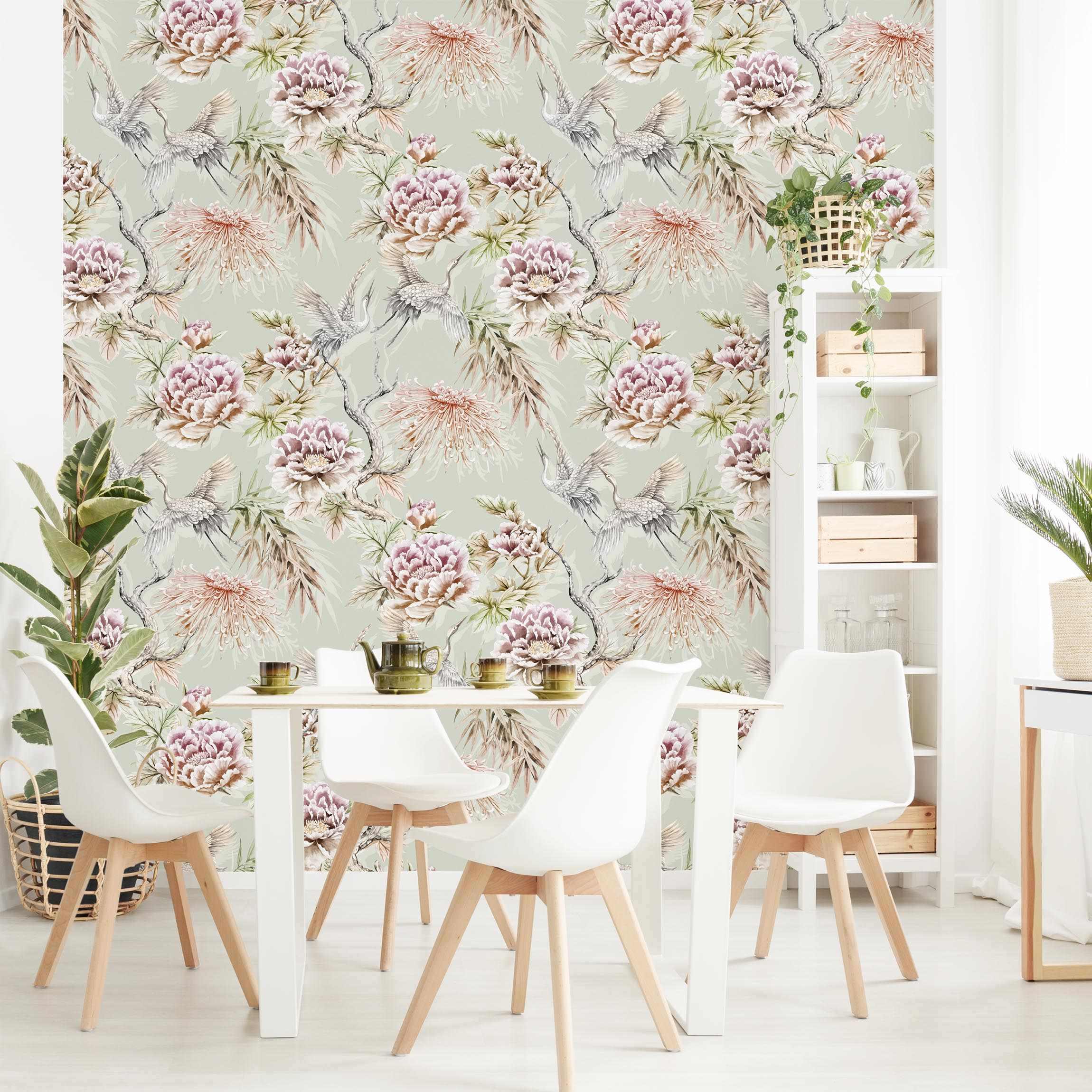 Fototapete Aquarell Vögel mit großen Blüten vor Mint