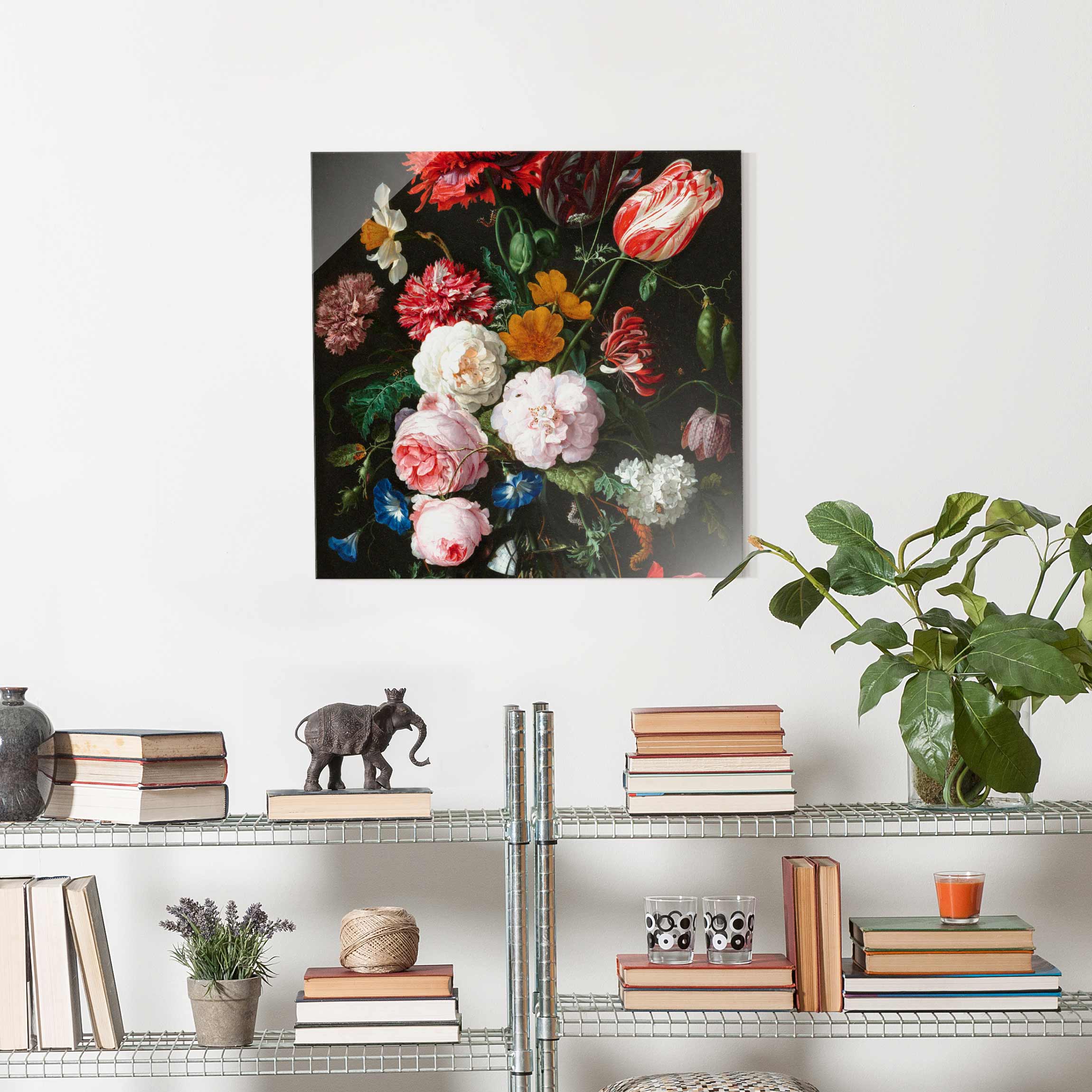 Glasbild - Quadrat Jan Davidsz de Heem - Stillleben mit Blumen in einer Glasvase