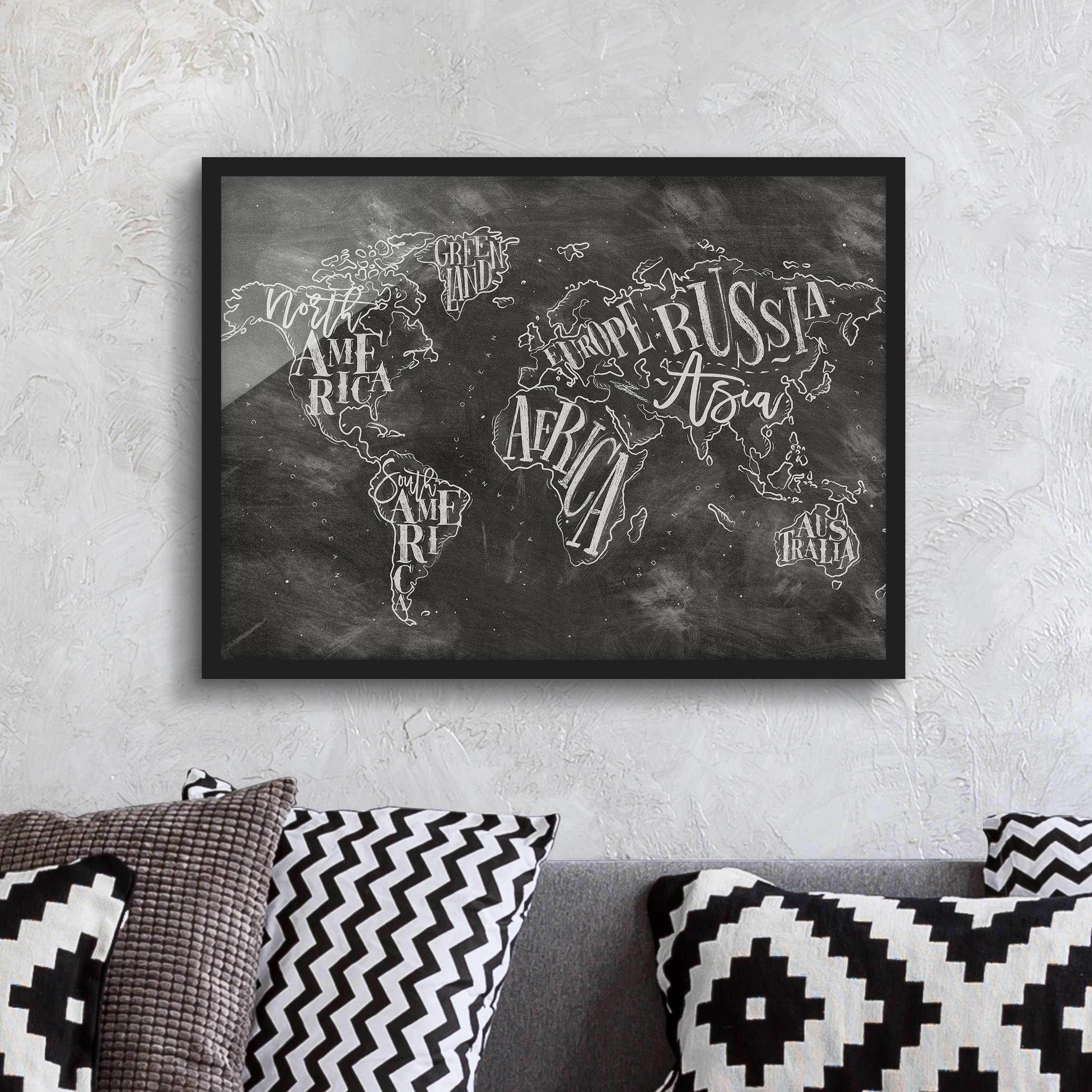 Bild mit Rahmen - Querformat Kreide Weltkarte