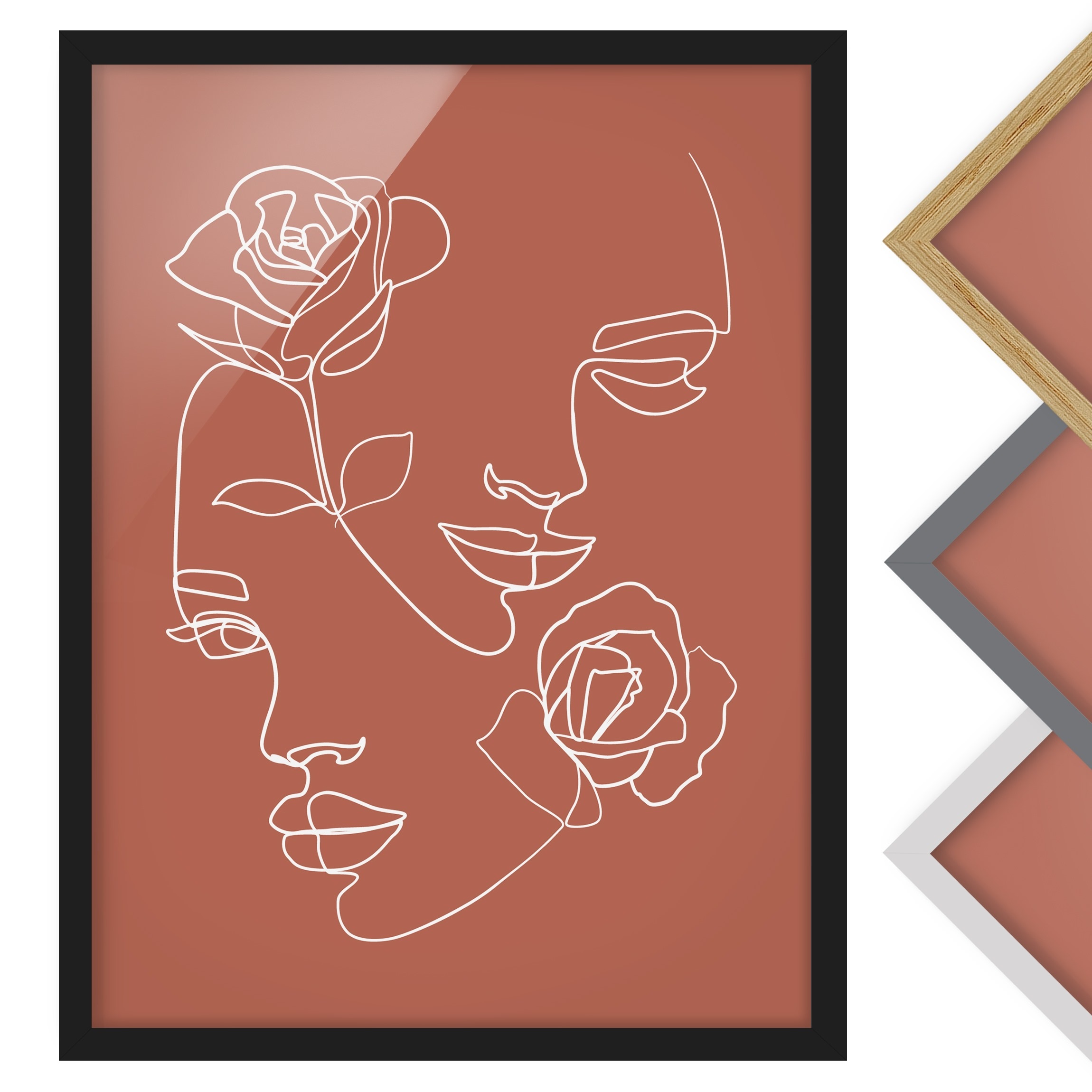 Gerahmtes Bild Line Art Gesichter Frauen Rosen Kupfer