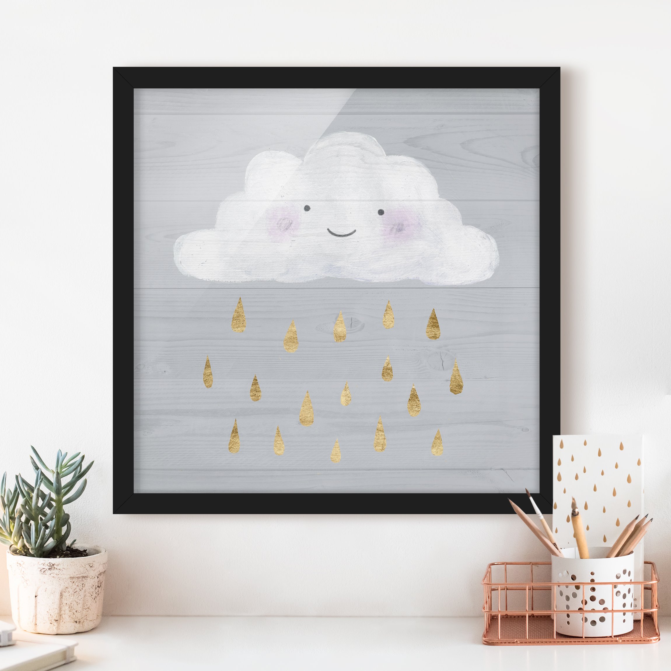 Bild mit Rahmen - Quadrat Wolke mit goldenen Regentropfen