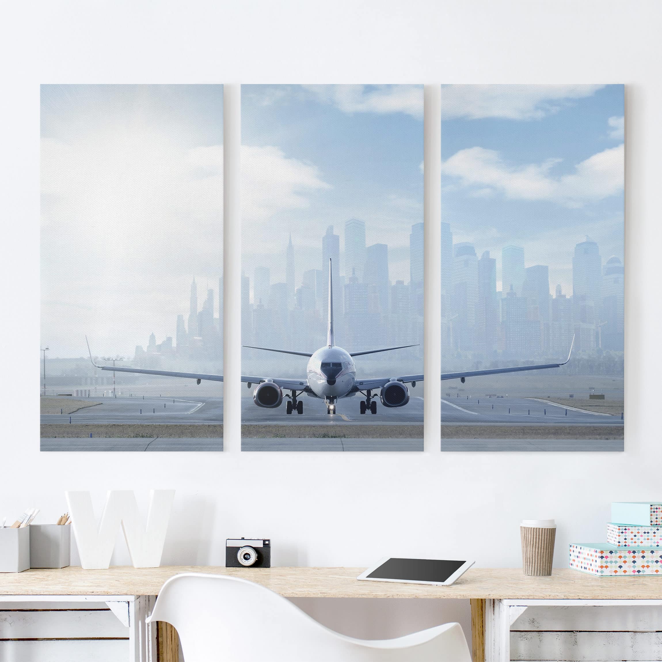 3-teiliges Leinwandbild Architektur & Skyline Flugzeug vor dem Start