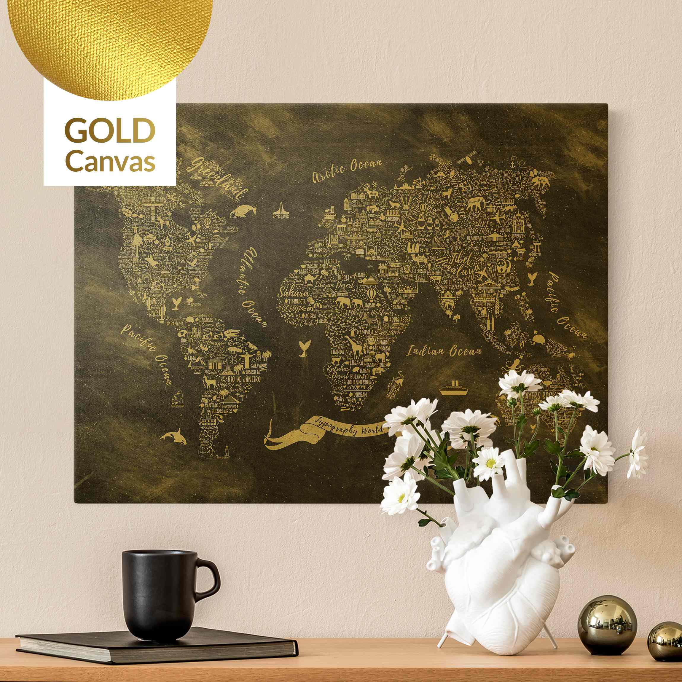 Leinwandbild Gold Kreide Typografie Weltkarte