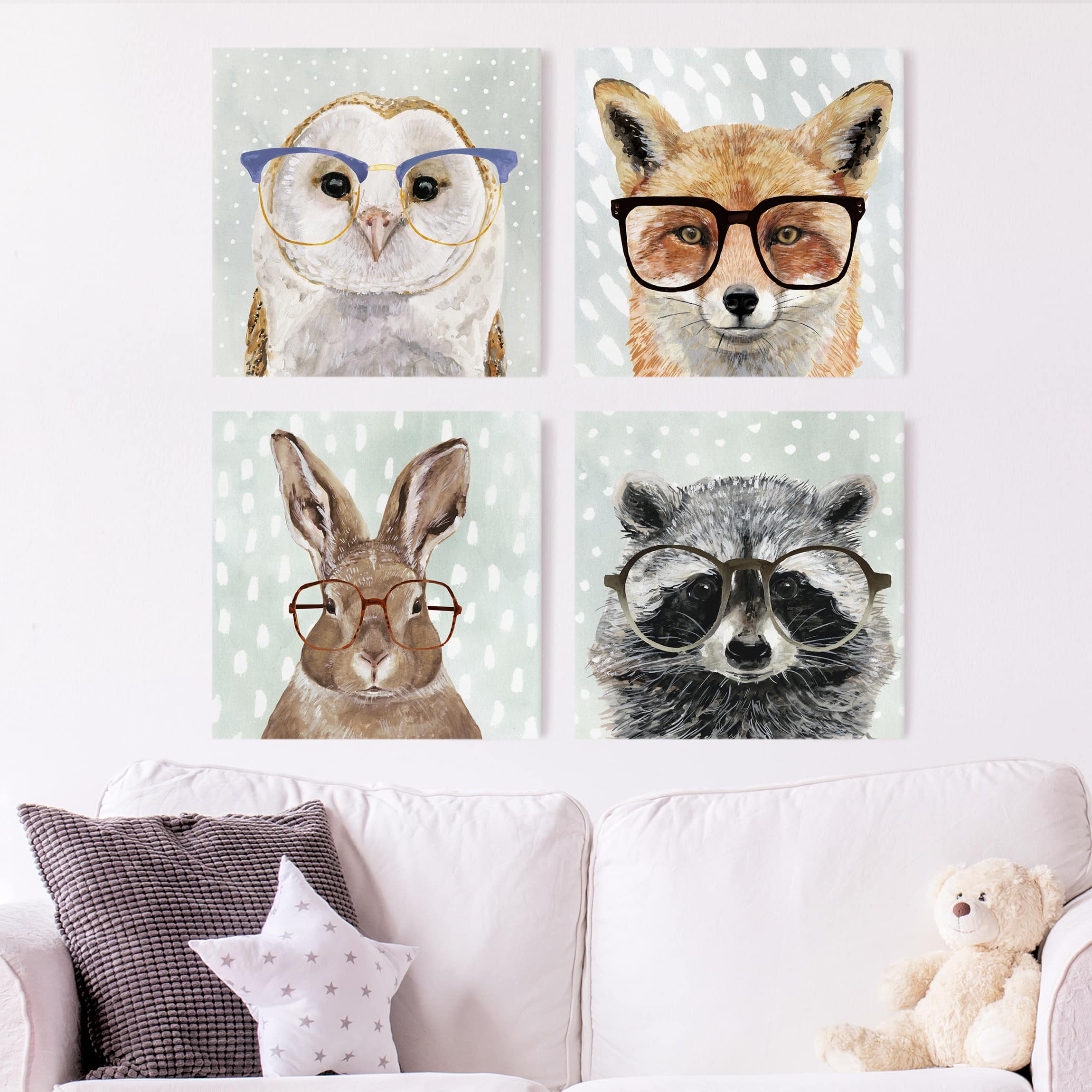 4-teiliges Leinwandbild Kinderzimmer Bebrillte Tiere Set II
