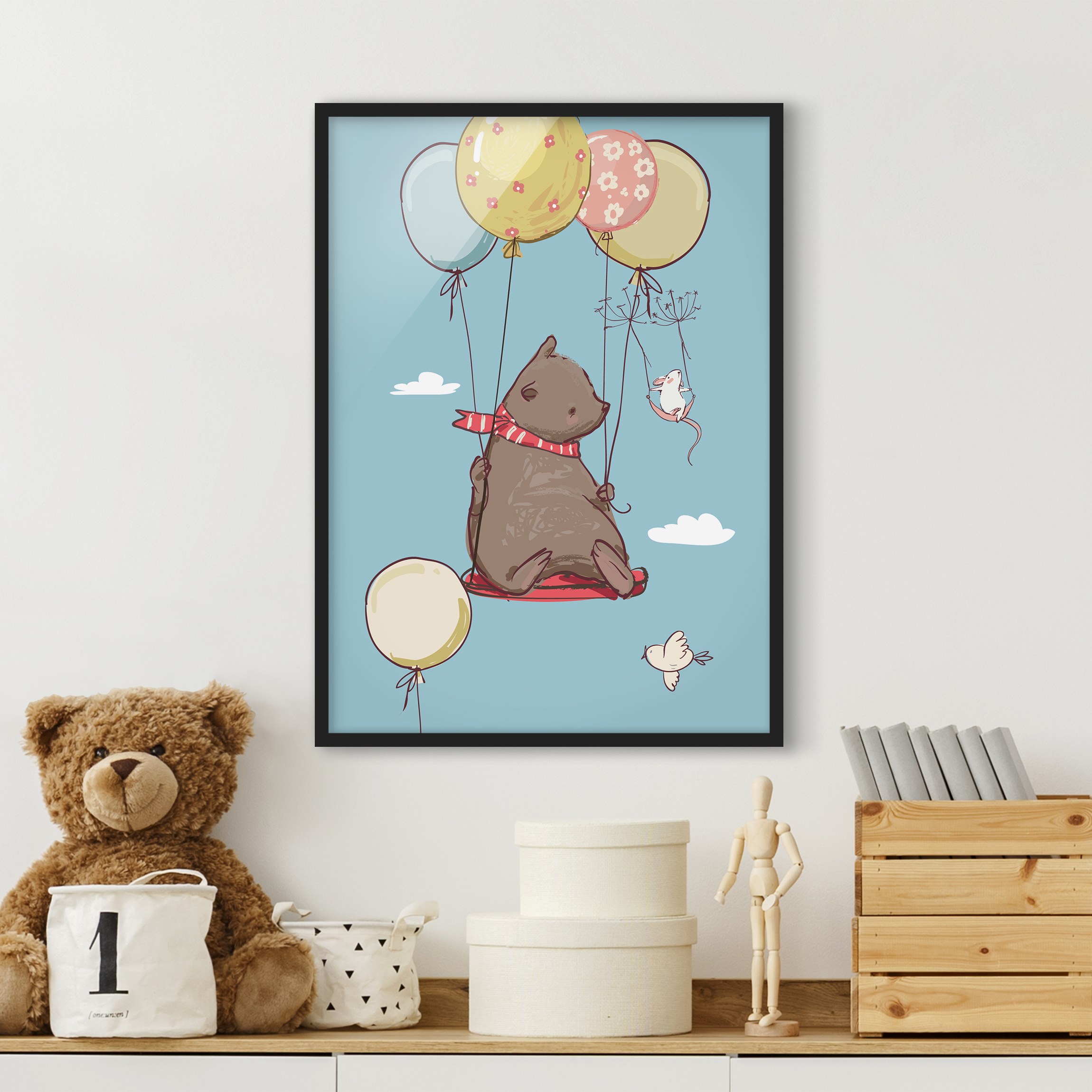 Kinderzimmer Bild mit Rahmen Bär und Maus fliegen