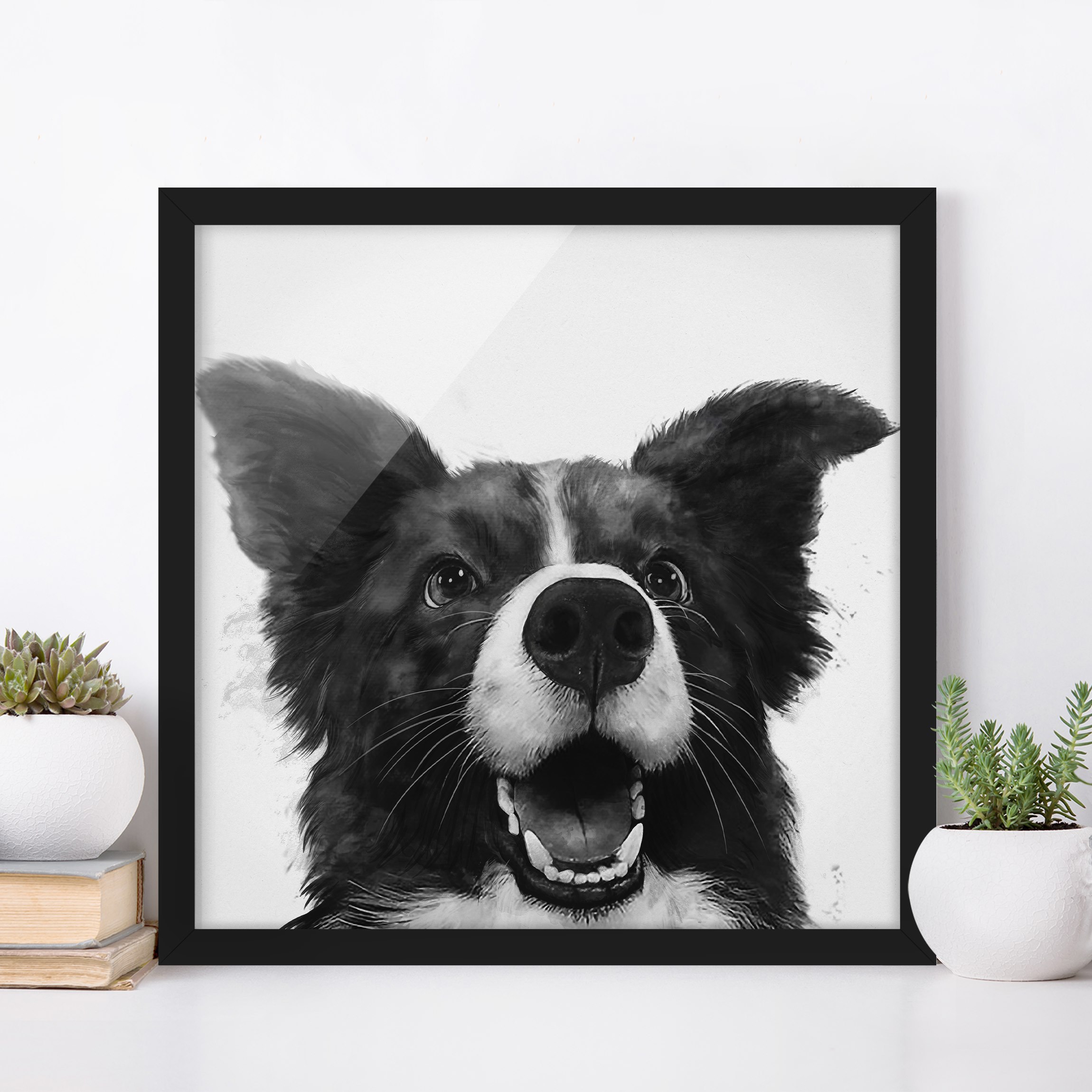 Bild mit Rahmen Illustration Hund Border Collie Schwarz Weiß Malerei