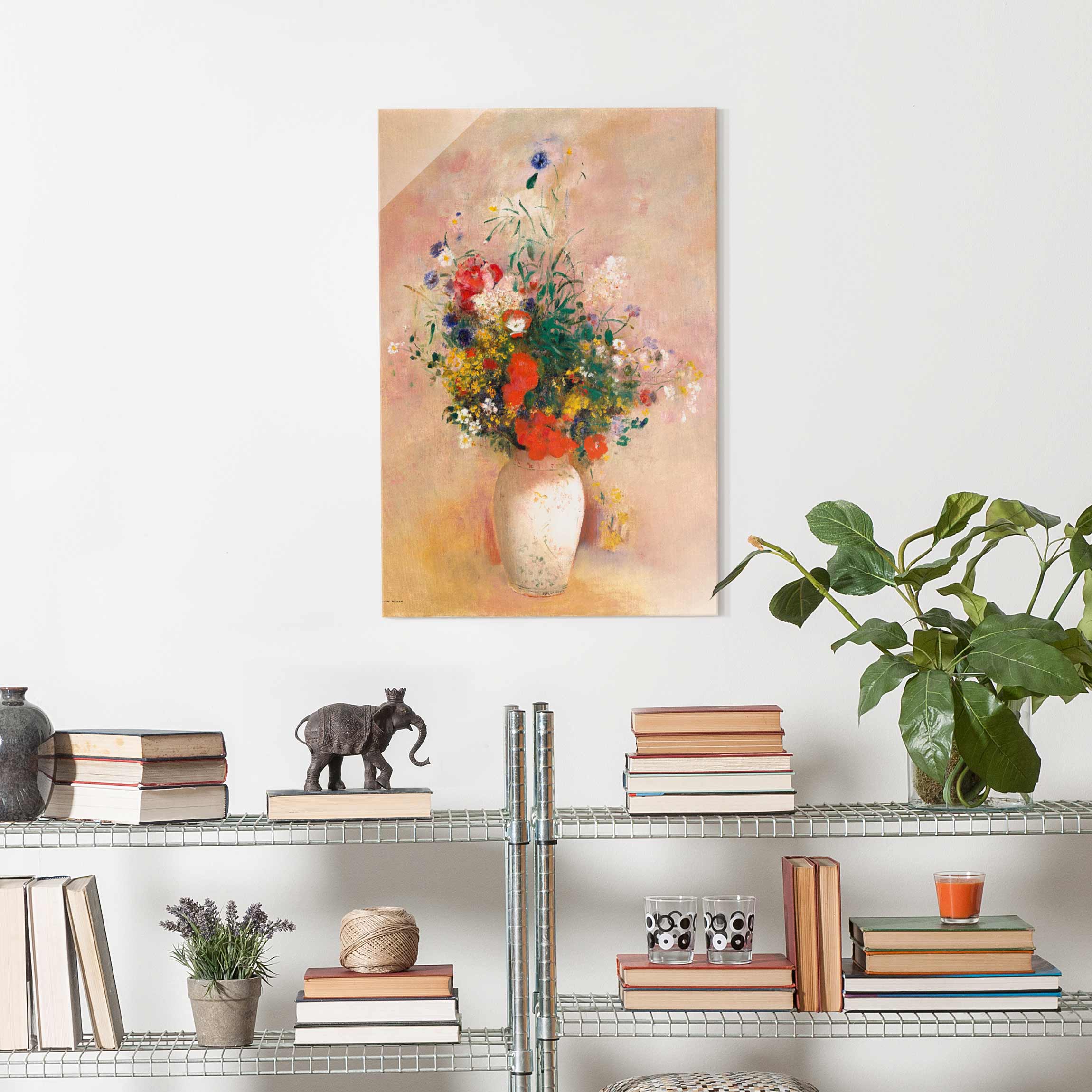 Glasbild - Hochformat Odilon Redon - Vase mit Blumen (rosenfarbener Hintergrund)