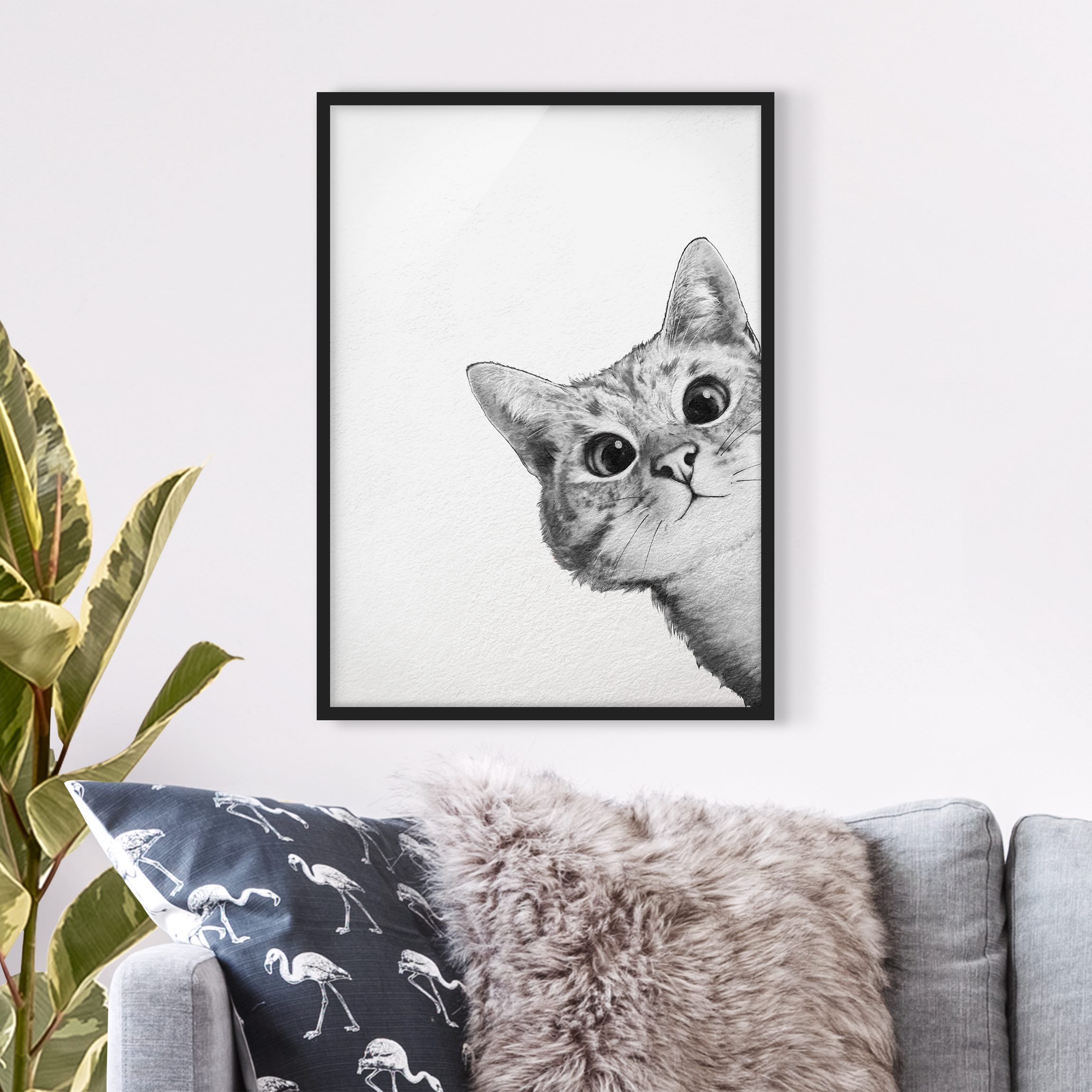 Bild mit Rahmen - Hochformat Illustration Katze Zeichnung Schwarz Weiß