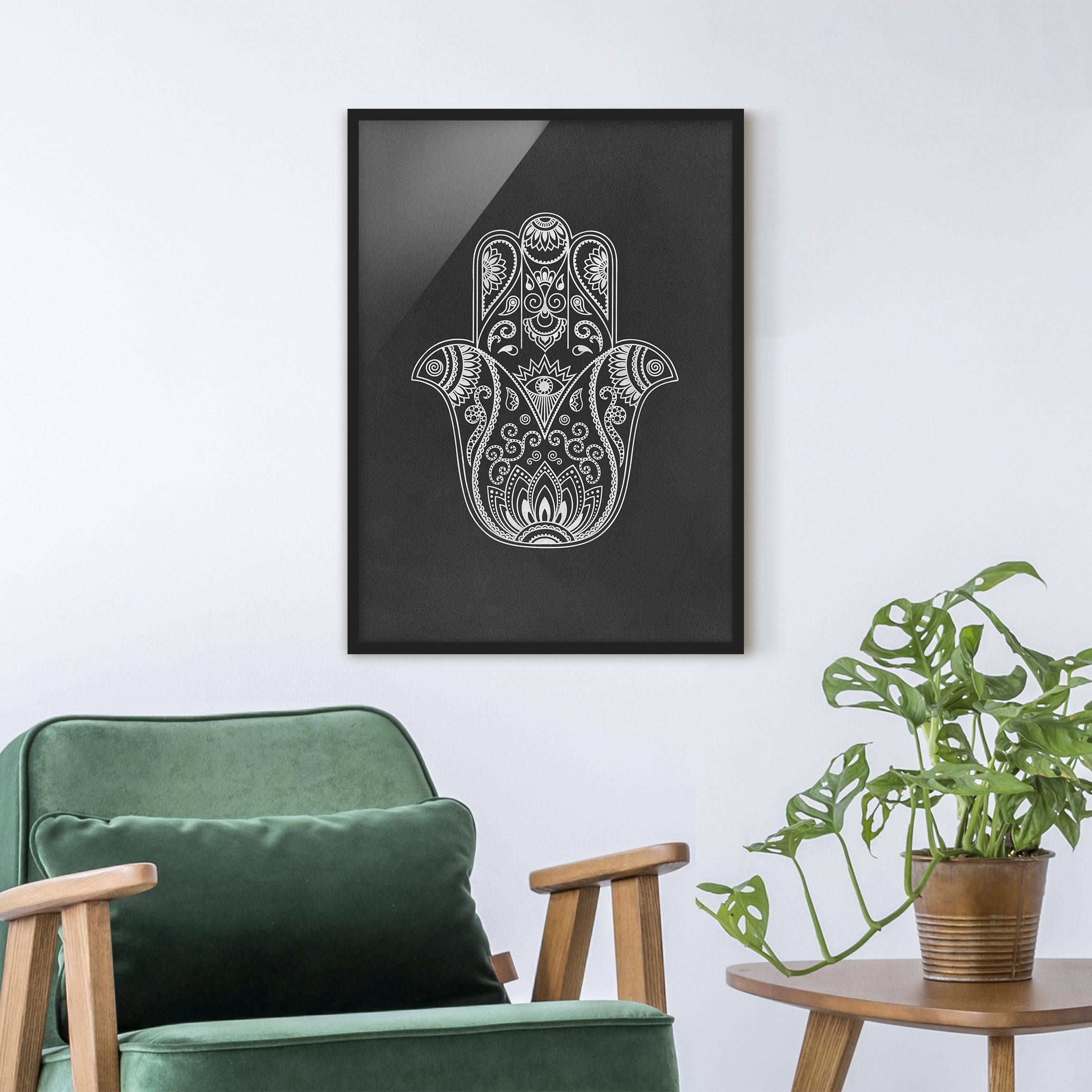 Bild mit Rahmen - Hochformat Hamsa Hand Illustration weiß schwarz