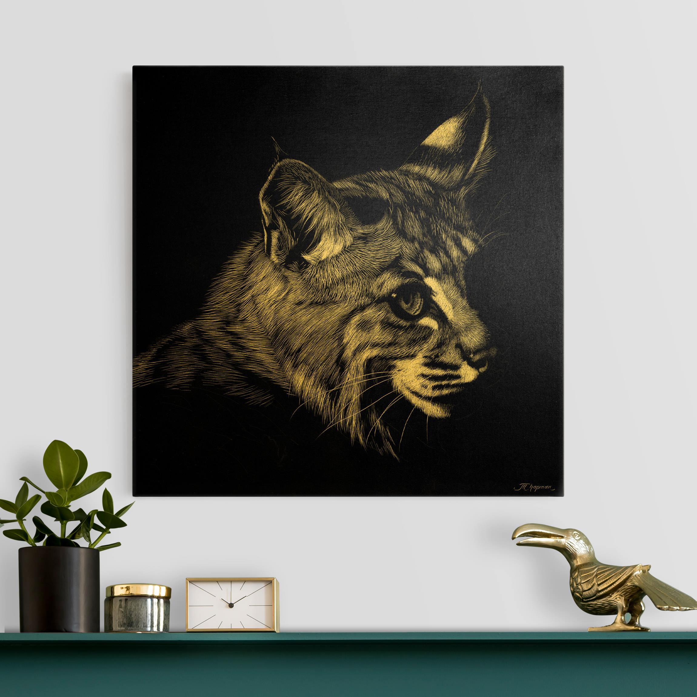 Leinwandbild Gold Vintage Katze vor Schwarz