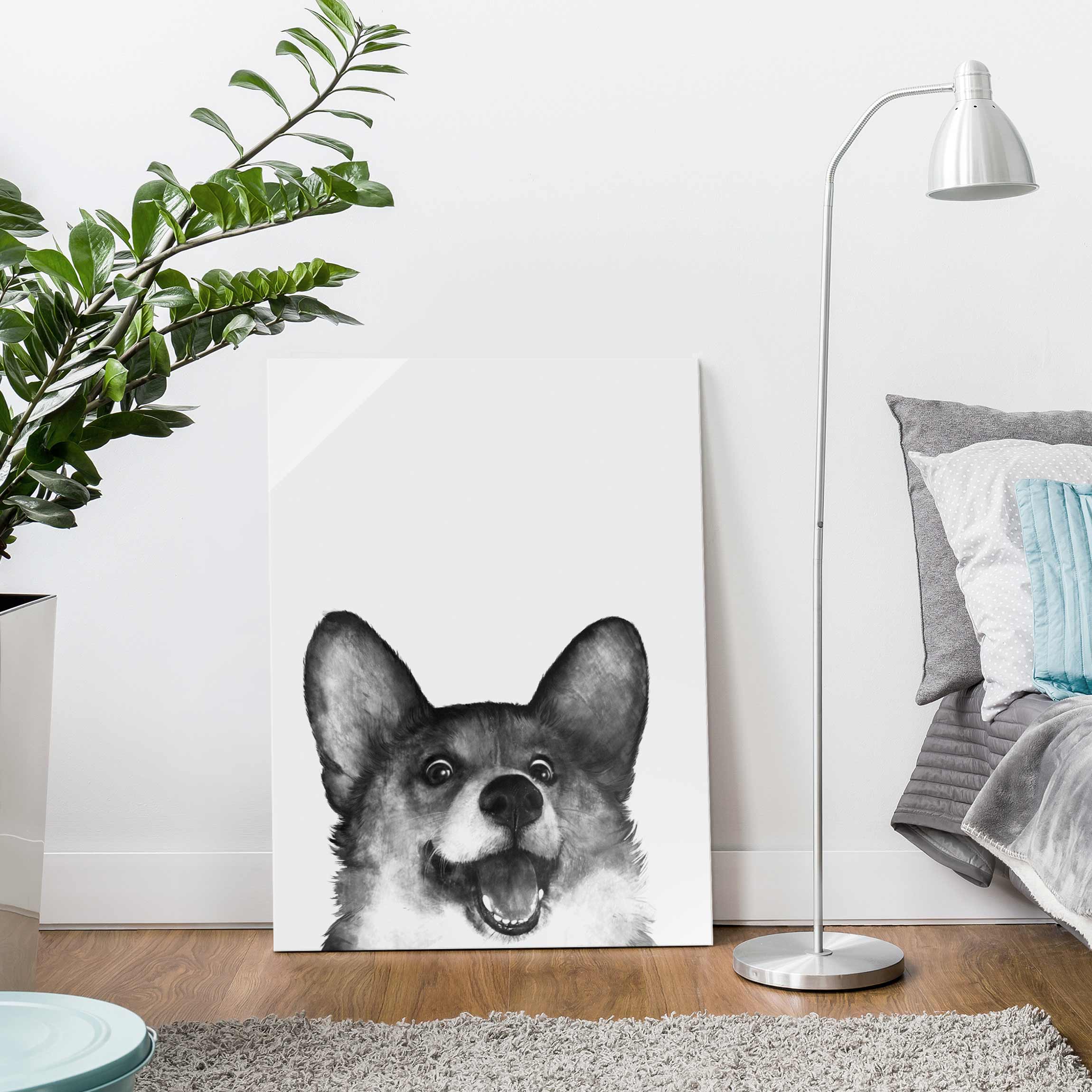 Glasbild Illustration Hund Corgi Weiß Schwarz Malerei