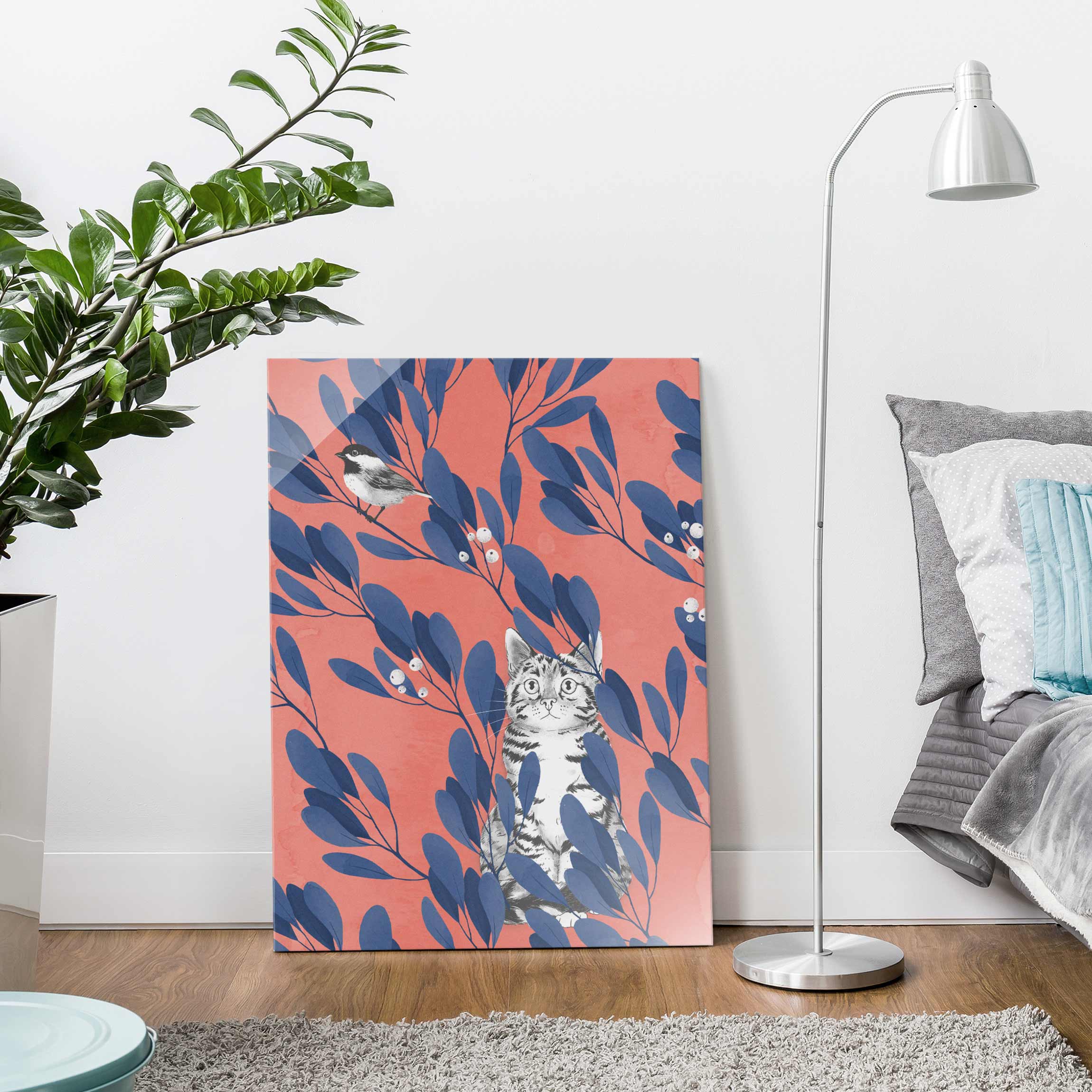 Glasbild - Hochformat Illustration Katze und Vogel auf Ast Blau Rot