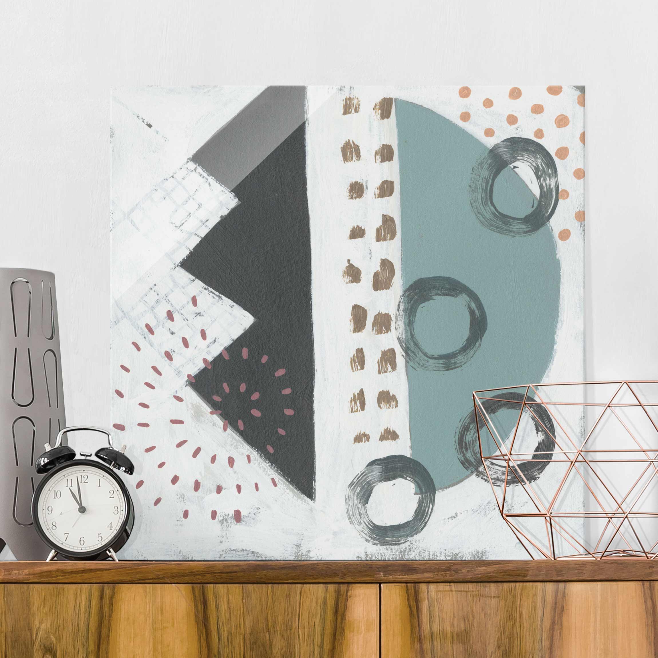 Glasbild - Quadrat Karneval der Formen in Petrol III