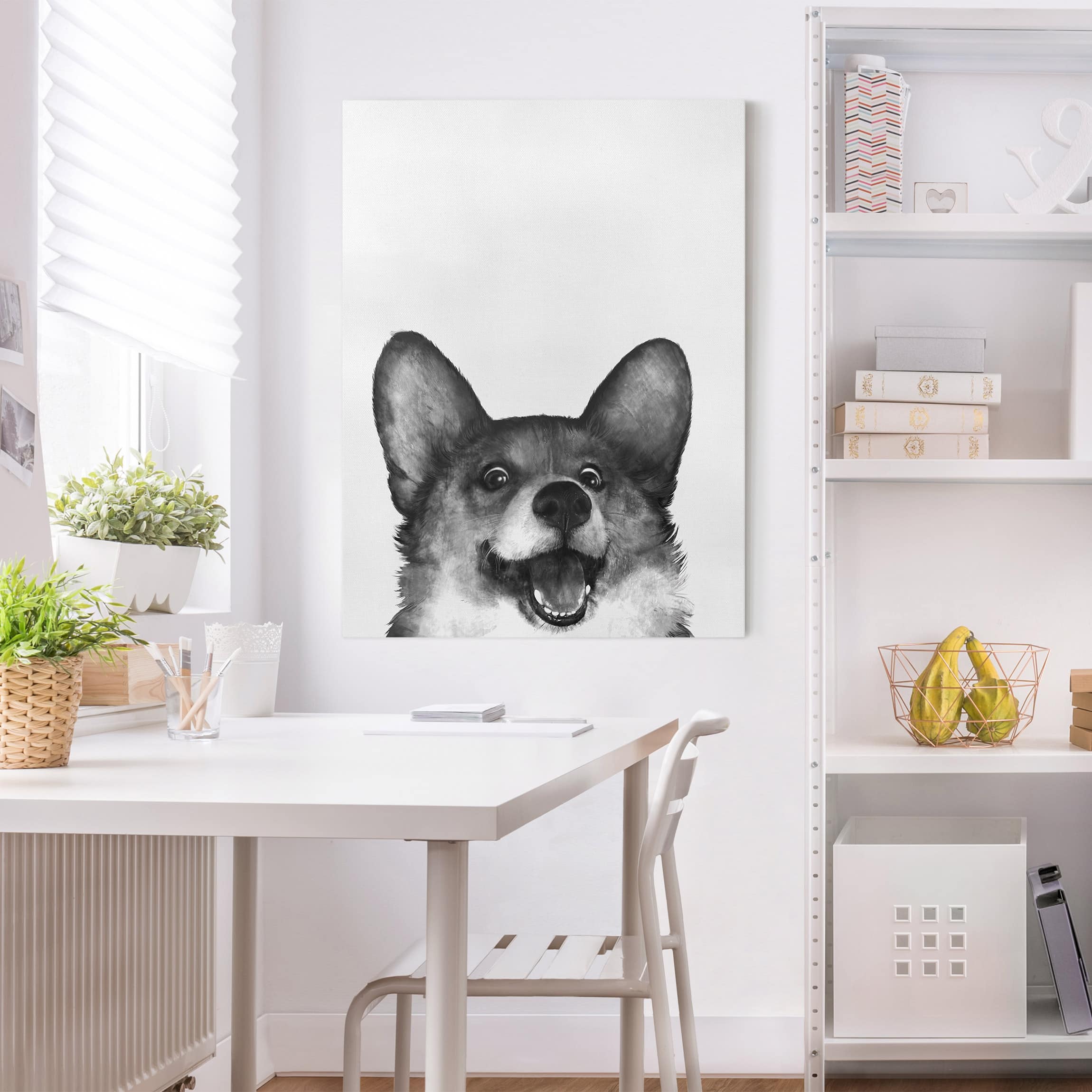 Leinwandbild Illustration Hund Corgi Weiß Schwarz Malerei