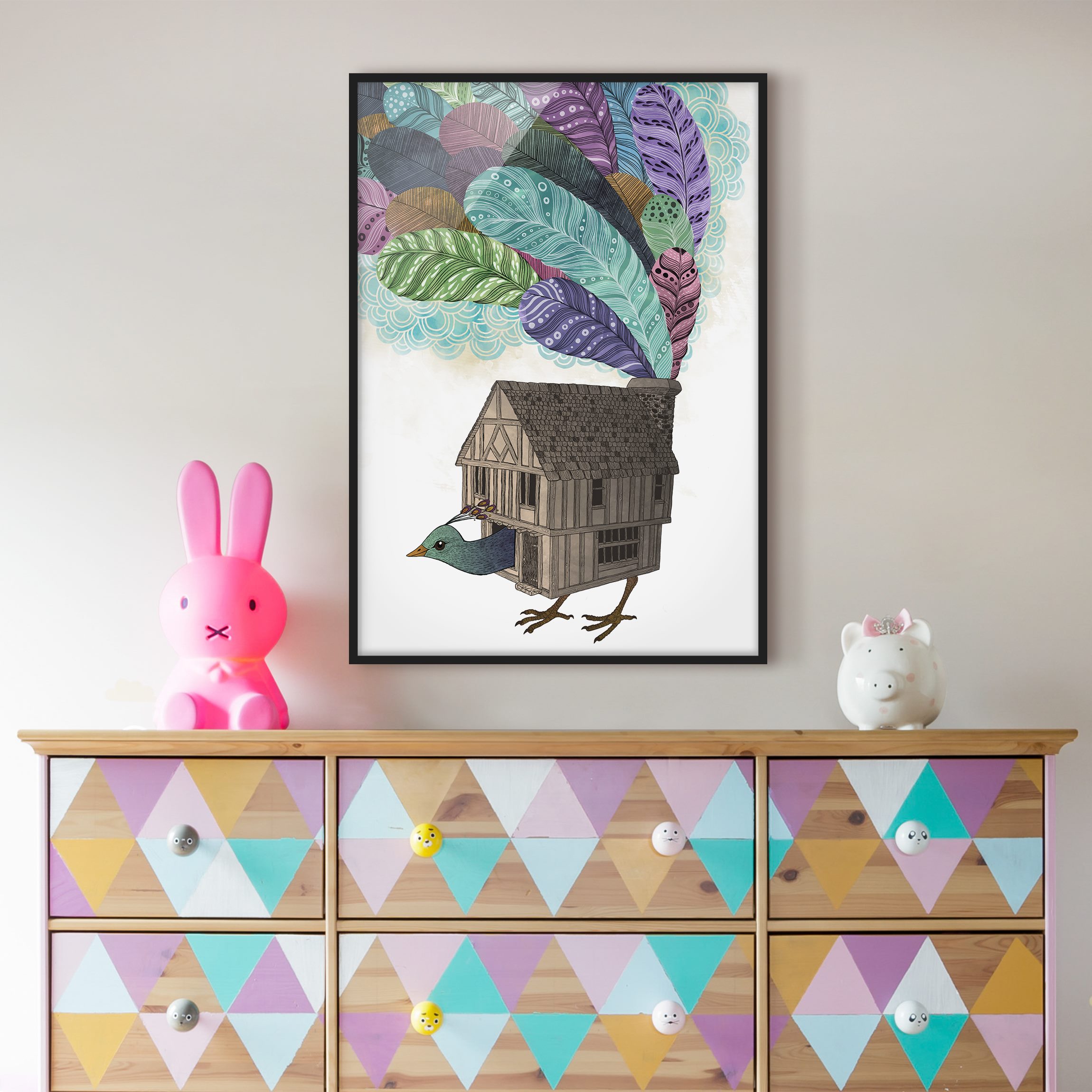 Bild mit Rahmen - Hochformat Illustration Vogel Haus mit Federn