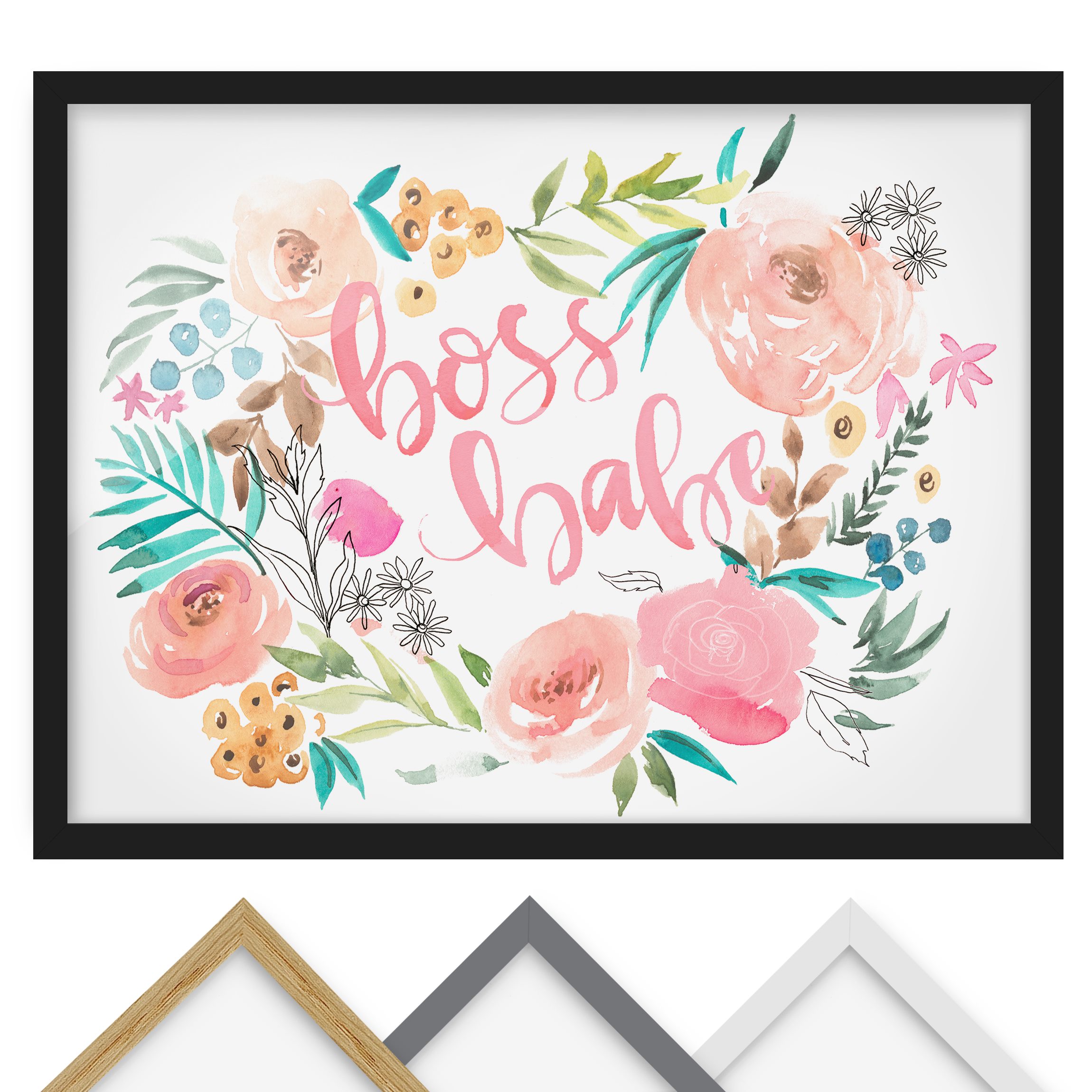 Spruch Bild mit Rahmen Rosa Blüten - Boss Babe