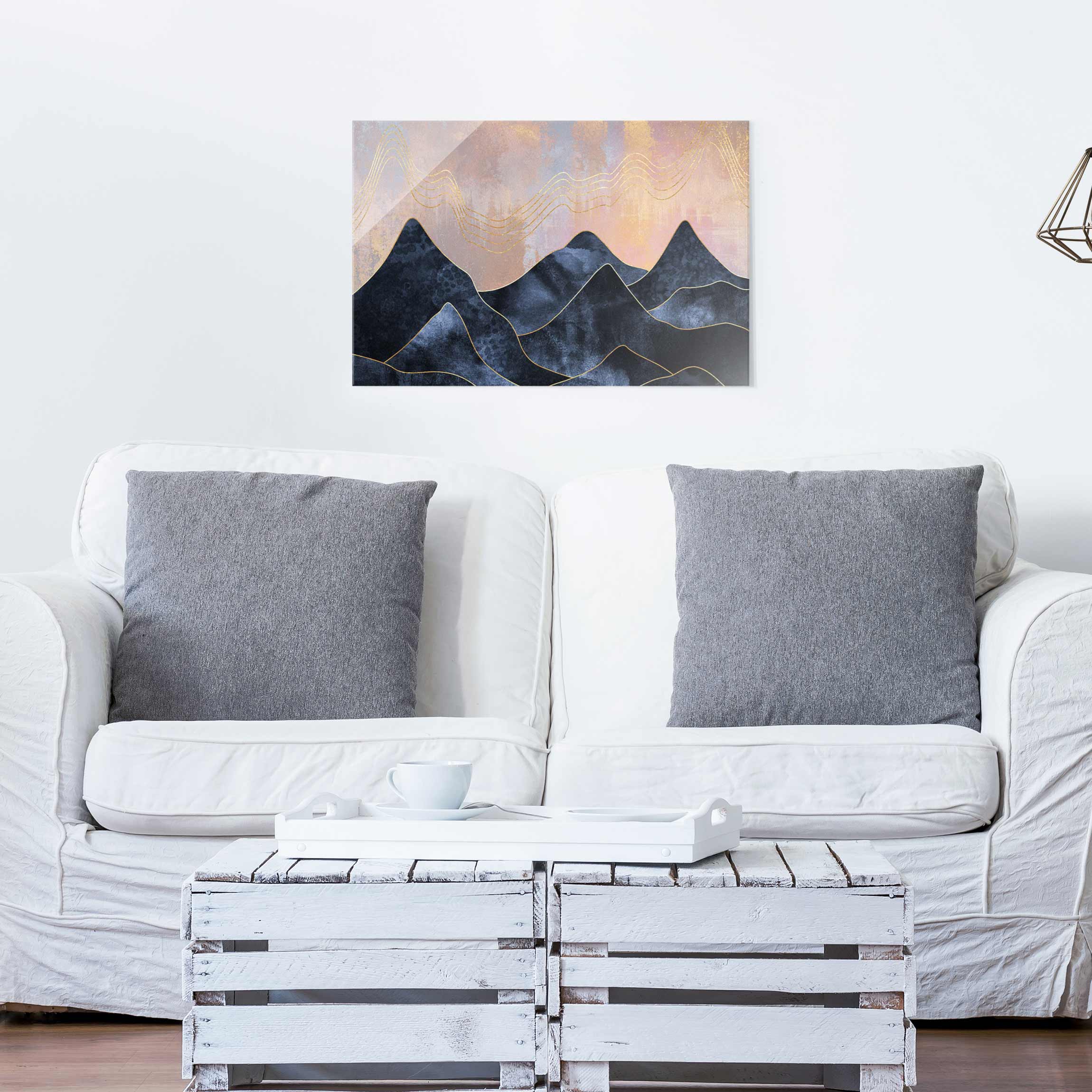 Glasbild - Querformat Goldene Dämmerung über Gebirge