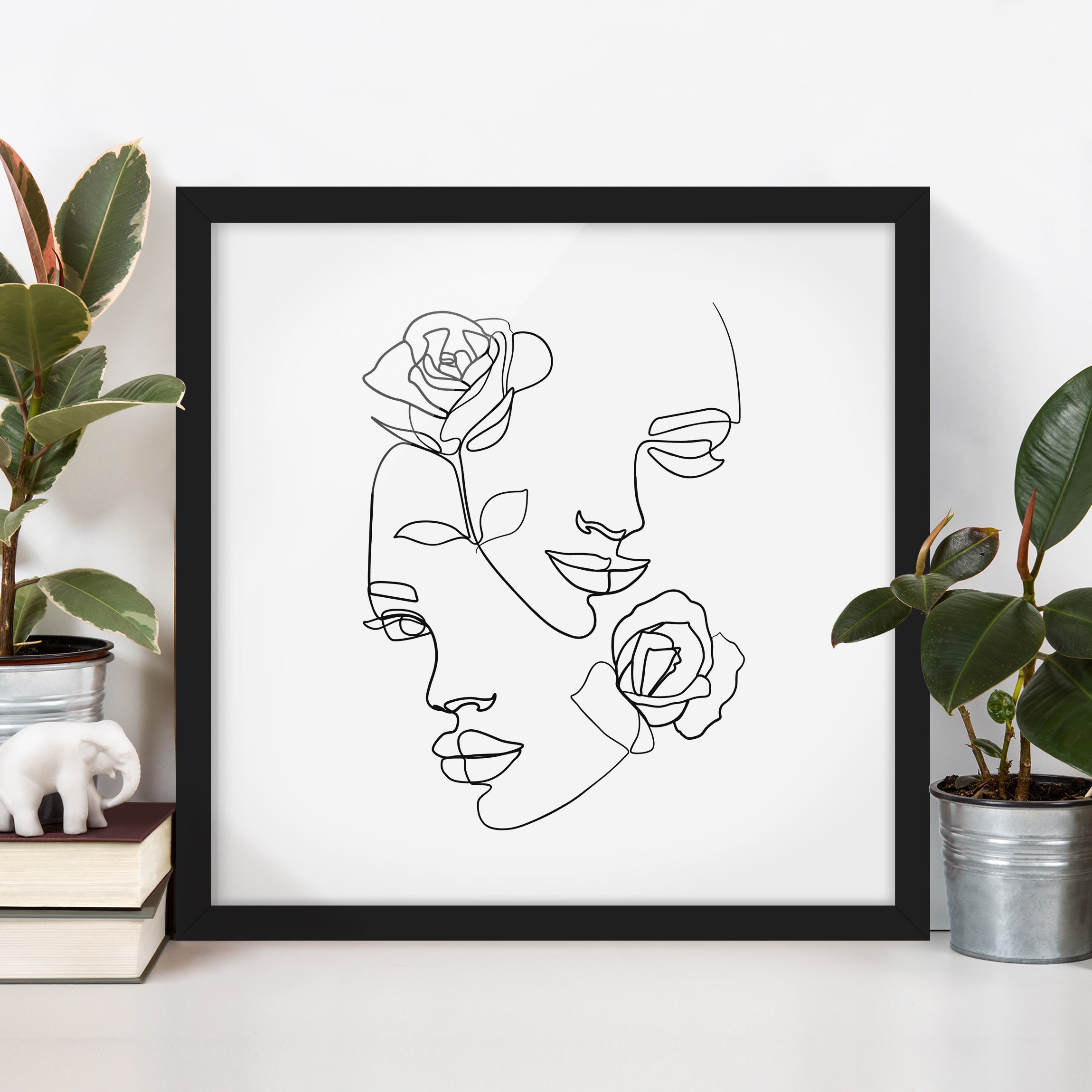 Bild mit Rahmen - Quadrat Line Art Gesichter Frauen Rosen Schwarz Weiß