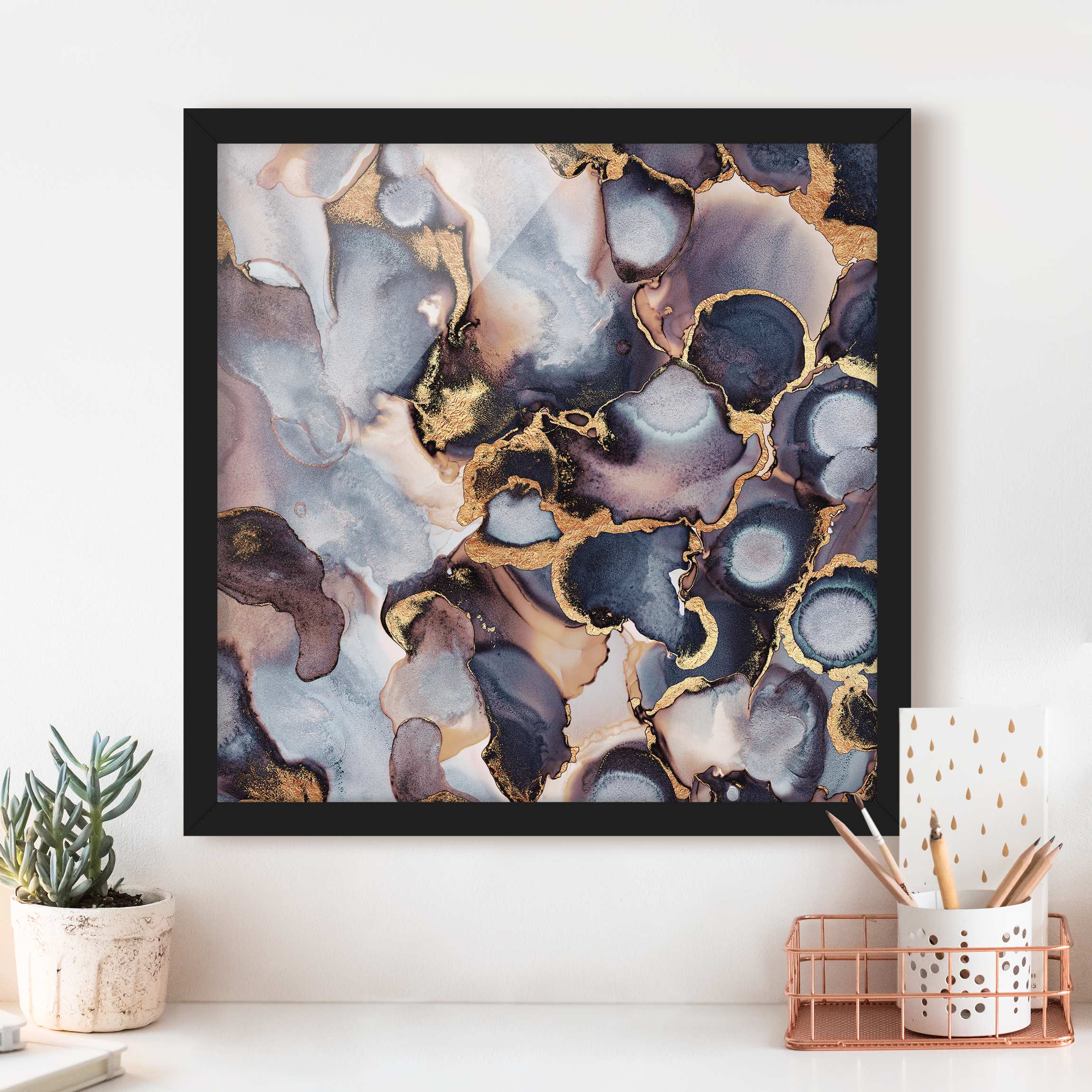 Bild mit Rahmen - Quadrat Marmor Aquarell mit Gold