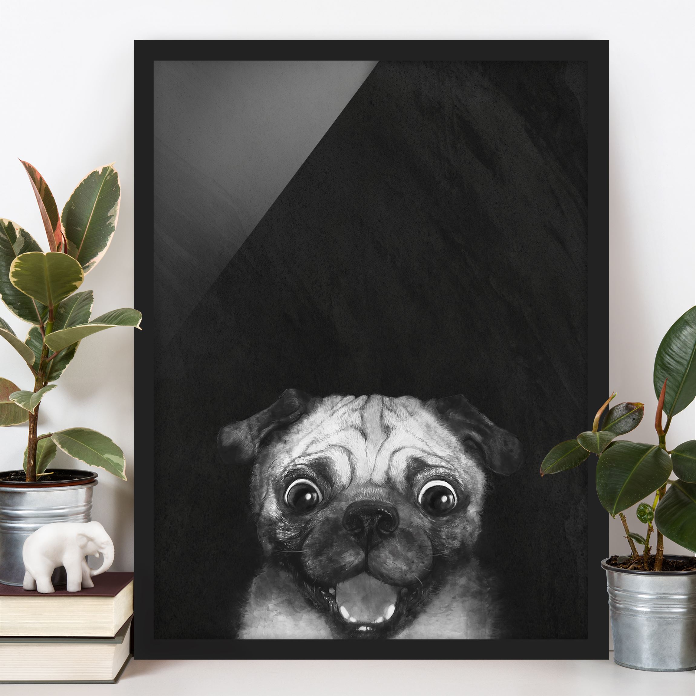 Bild mit Rahmen - Hochformat Illustration Hund Mops Malerei auf Schwarz Weiß